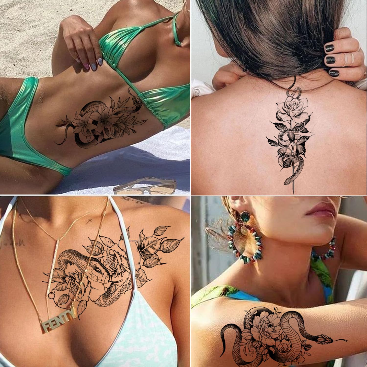 Tatuajes temporales de serpiente, 12 hojas 3D negras realistas de serpiente, rosa, tatuajes florales, calcomanías grandes y sexys de serpiente,