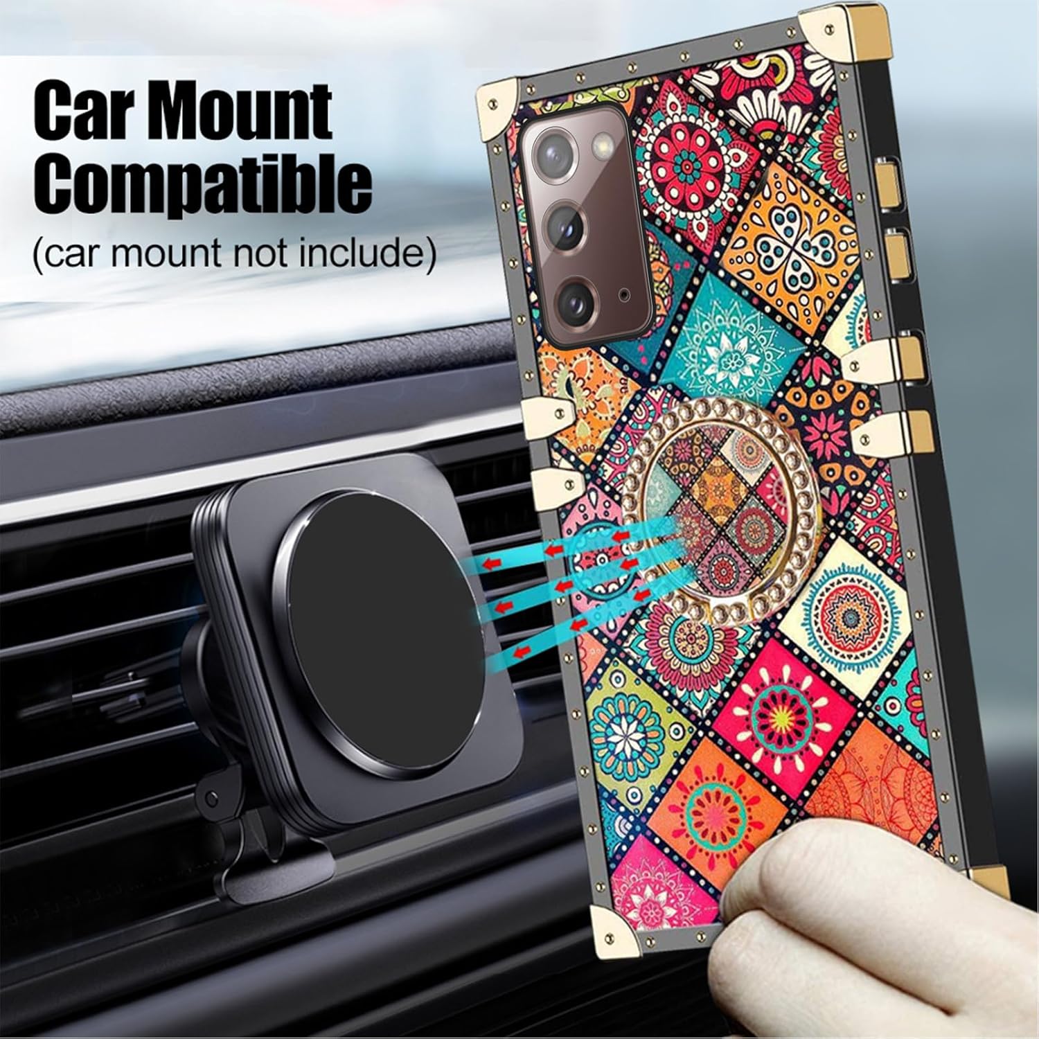 Funda cuadrada para teléfono Samsung Galaxy Note 20 con soporte de anillo y cordón para niñas y mujeres, bohemio, retro, bohemio, mandala, flores