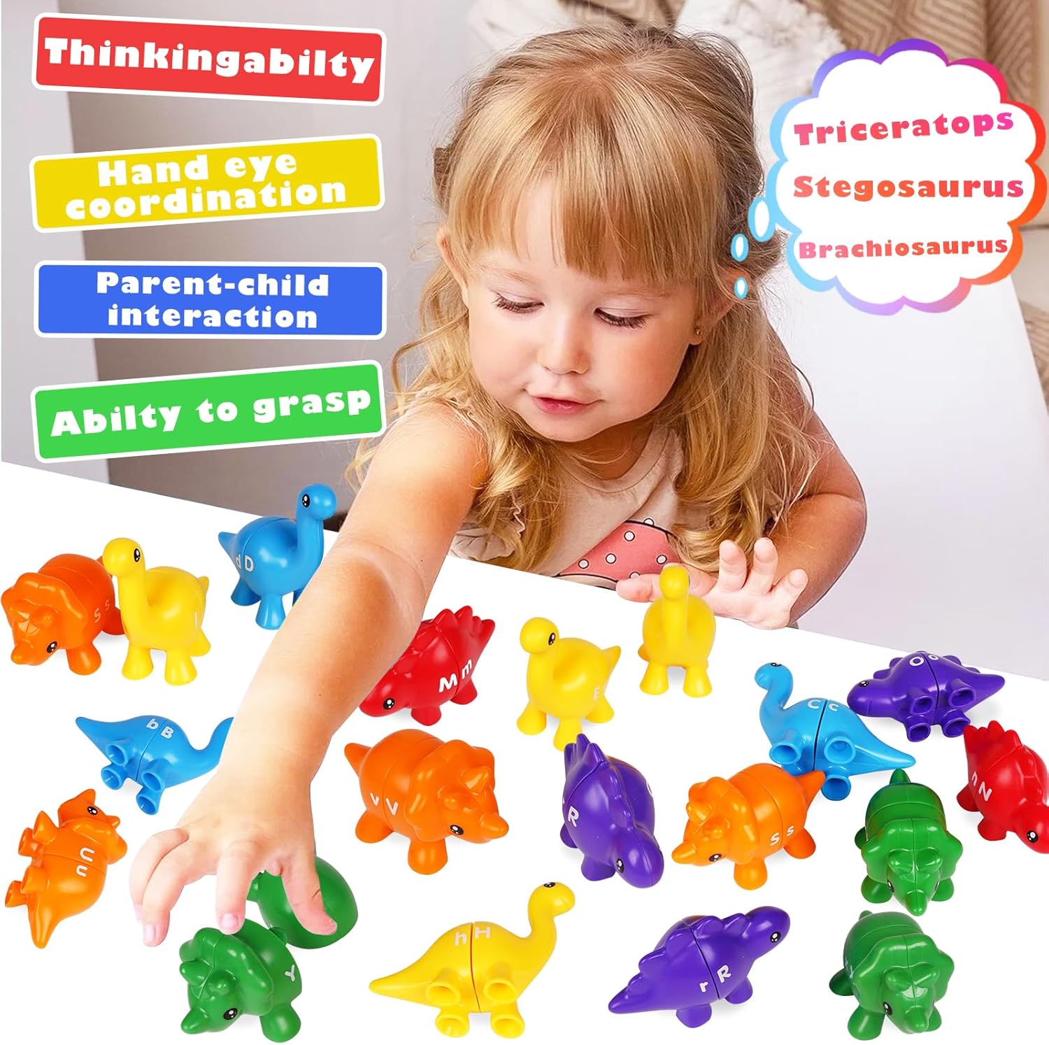 Juguetes de aprendizaje a juego de letras del alfabeto para niños pequeños, juguetes de letras de dinosaurio ABC de doble cara, juegos de