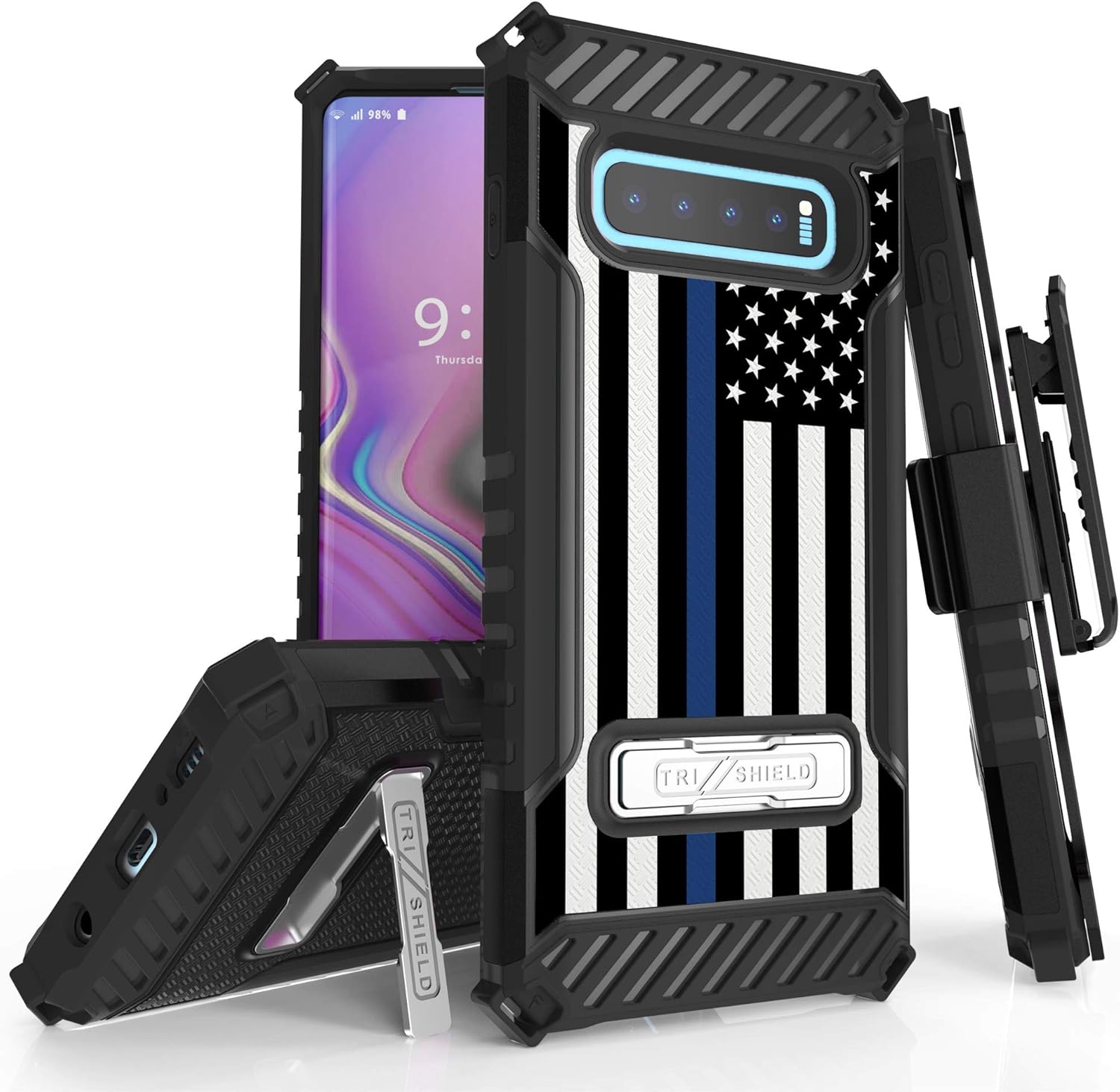 Beyond Cell Serie Trishield compatible con funda S10+, cubierta resistente de grado militar + soporte de metal + funda de clip para cinturón –