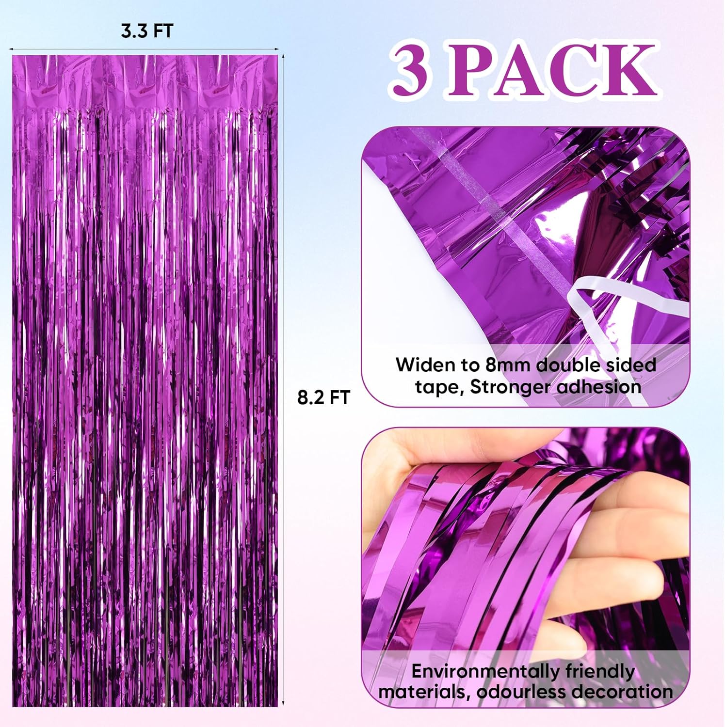 Paquete de 3 cortinas de flecos de aluminio, cortinas de oropel de 3.3 x 8.2 pies, vaporizadores de decoración de fiesta morada, cortinas de fondo