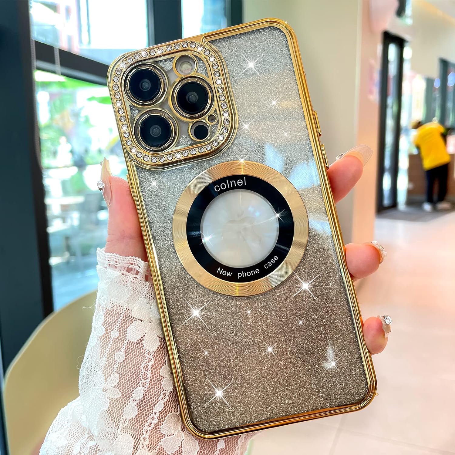 MZELQ Funda para iPhone 14 Pro Max con purpurina degradada Soporte para MagsafeProtector de cámara con diamantes magnéticos, vista de logotipo,