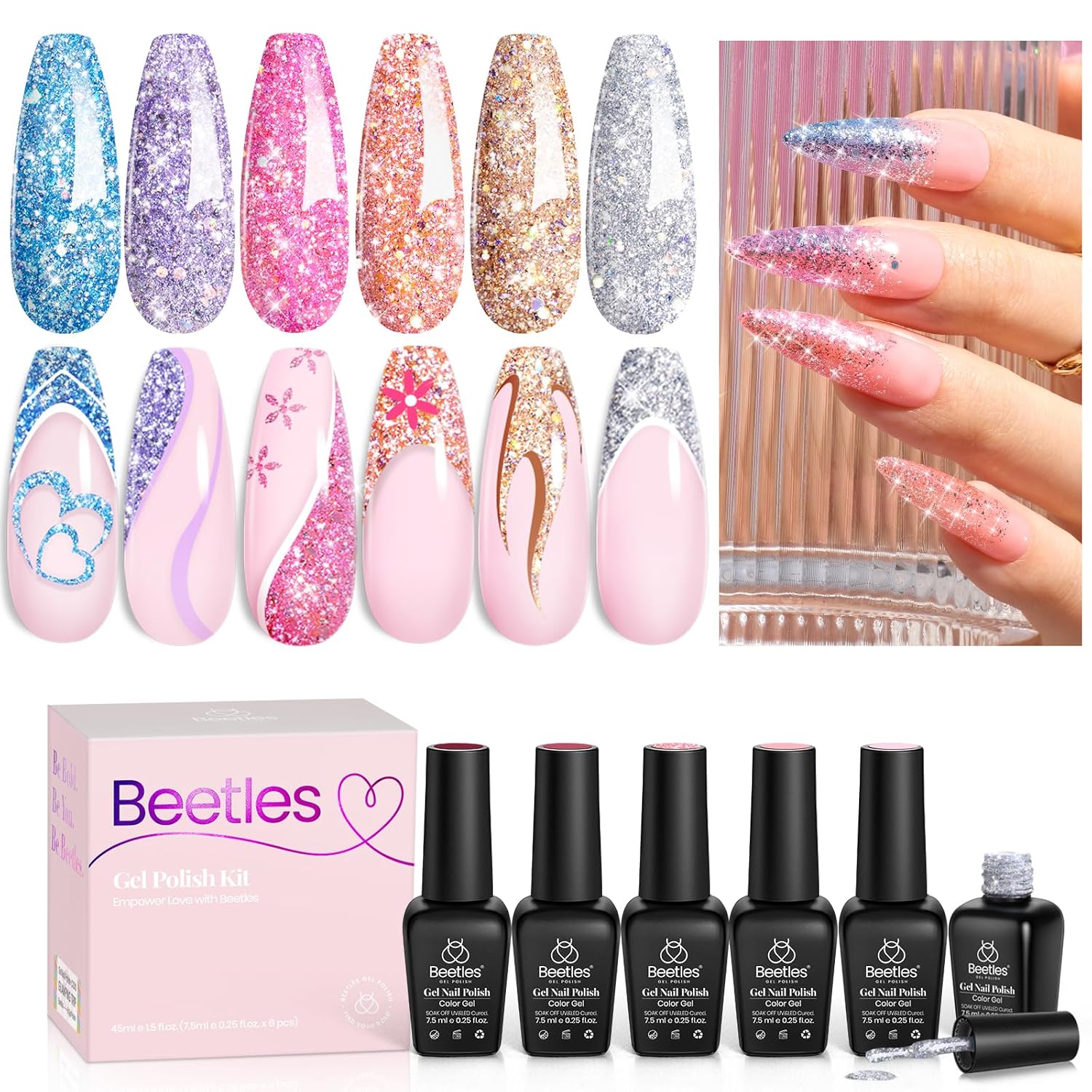 Beetles – Kit de 6 colores de esmalte de gel de uñas, holográfico, plateado, rosa, azul, brillo, lámpara de uñas LED ultravioleta, semipermanente,