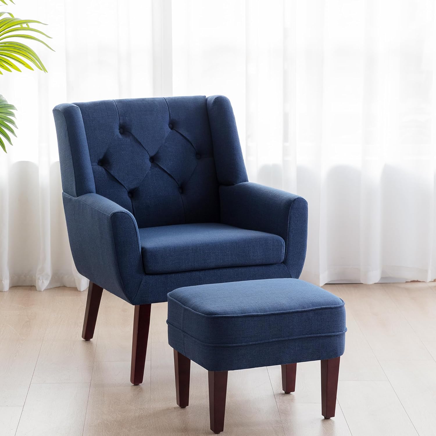 HUIMO Silla decorativa con otomana, sillón tapizado con botones, sofá de tela de lino, silla de lectura para sala de estar, silla para dormitorio,