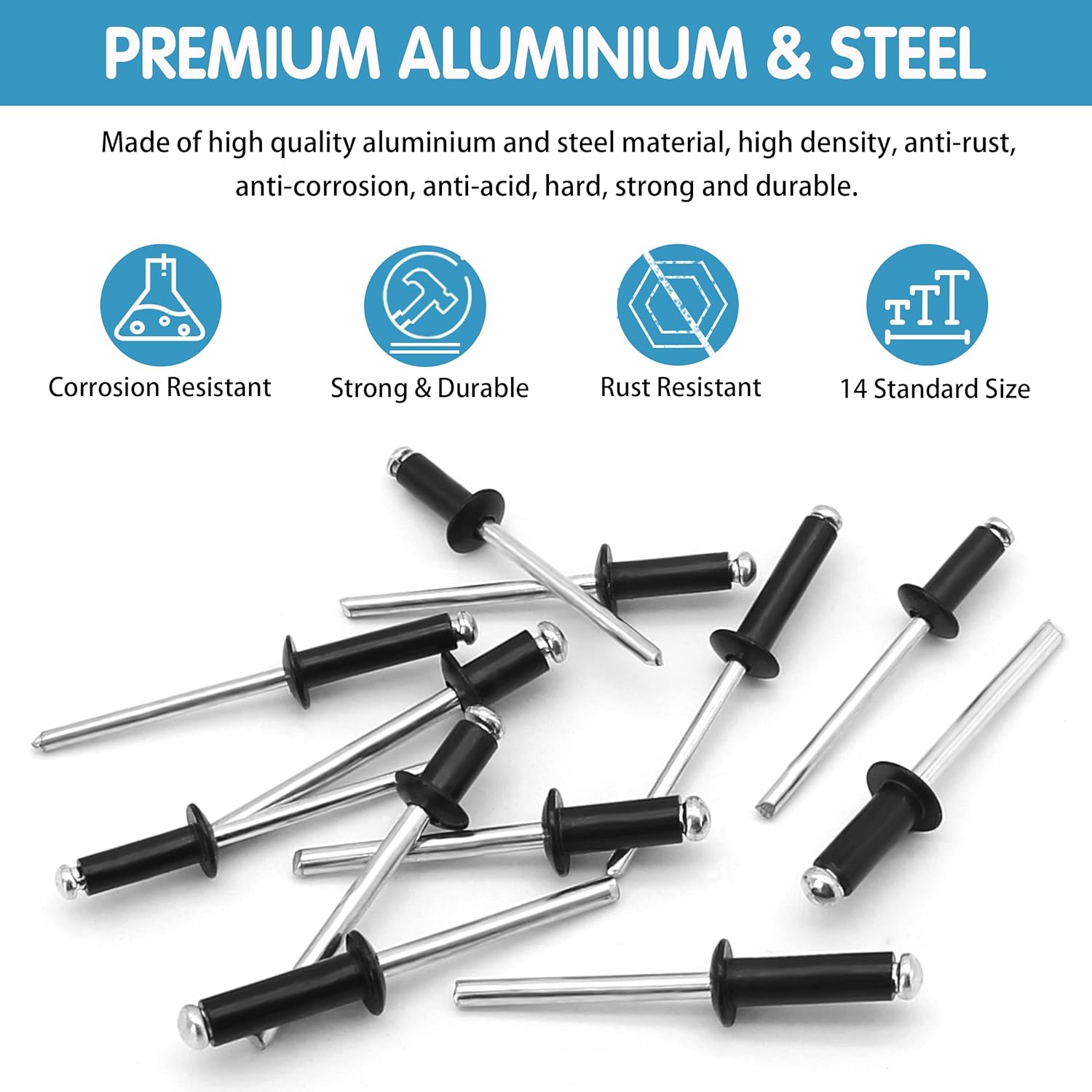 SATANTECH Kit surtido de 500 remaches negros, 14 remaches de aluminio de tamaños SAE (332 pulgadas 18 pulgadas 532 pulgadas 316 pulgadas), remaches