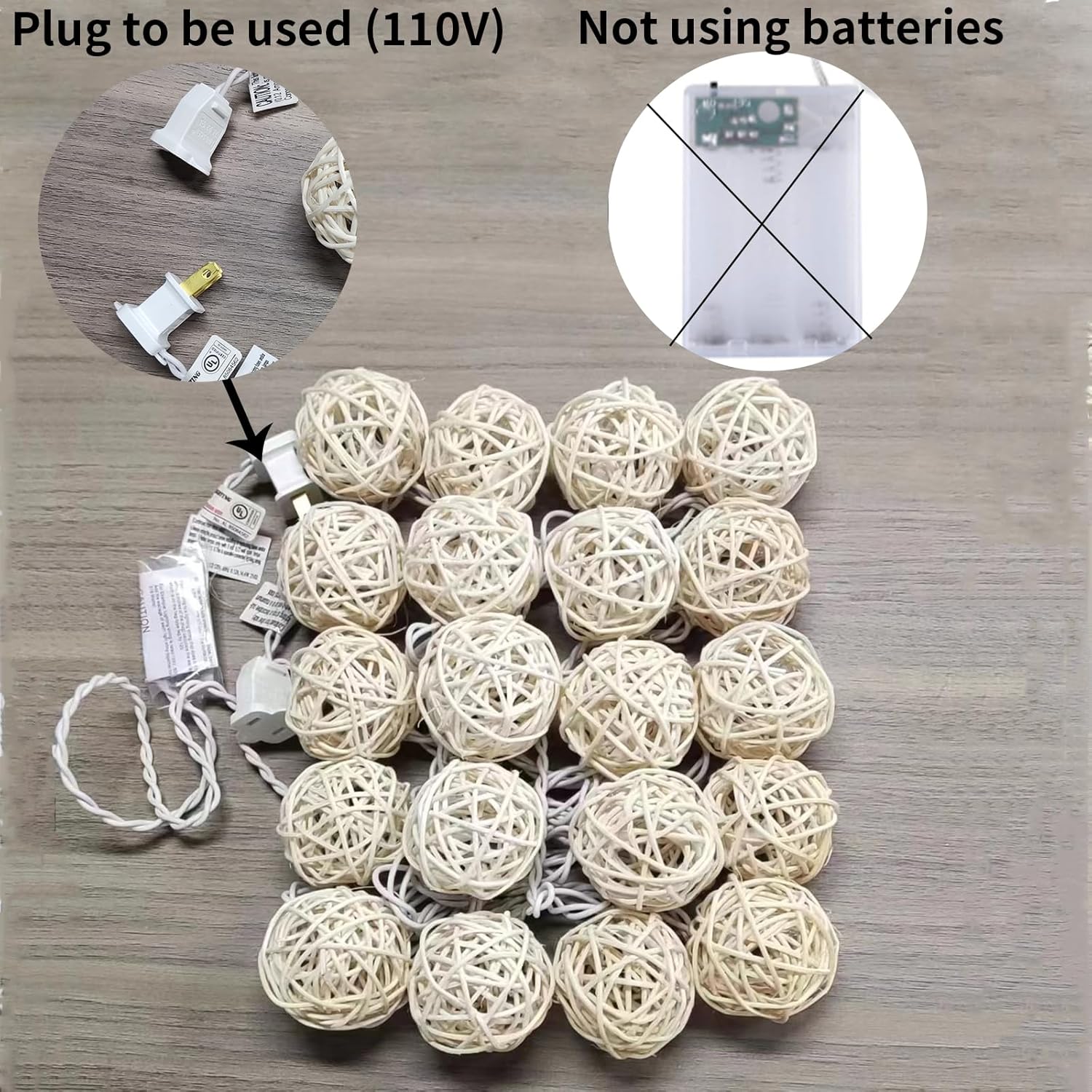 Guirnalda de luces de hadas de bola de ratán de 9.8 pies y 20 pies enchufable, iluminación cálida romántica flexible para decoración del hogar