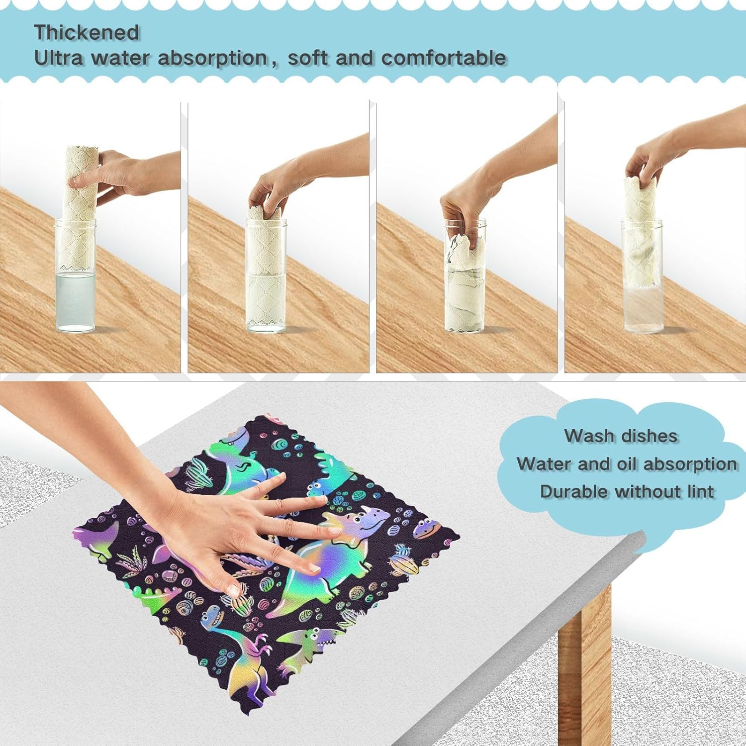 Neon Dinosaurs Kawaii Soft Print Microfiber Dish Towels Absorbent 6 Pack Kitchen Accessories for Cooking for Restaurant Sink