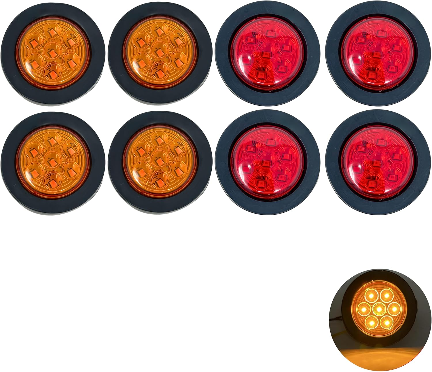 All Star Truck Parts 8 unidades de 2 pulgadas redondas de luz LED lateral de espacio libre 7 LED ojales de goma IP 67 para remolques – 4 rojos y 4