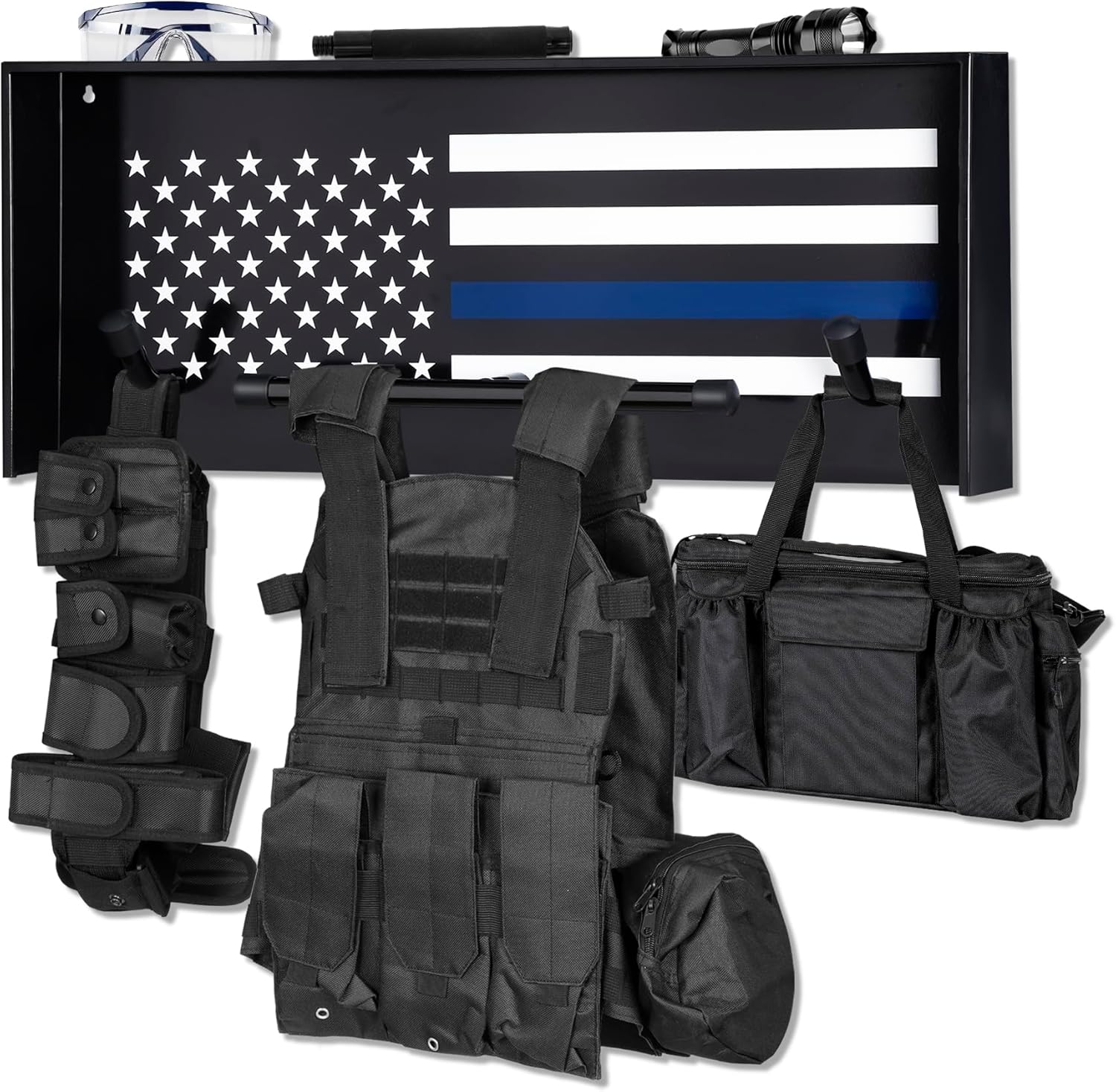 BUYYAH Police Gear Stand, Police Hanger, Tactical Duty Gear Rack with 3 Hooks, Free-Standing All Iron Frame Police Gift Decor with Flag, Black, Come