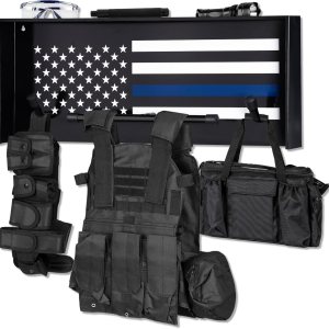 BUYYAH Police Gear Stand, Police Hanger, Tactical Duty Gear Rack with 3 Hooks, Free-Standing All Iron Frame Police Gift Decor with Flag, Black, Come BUYYAH Police Gear Stand, Police Hanger, Tactical Duty Gear Rack with 3 Hooks, Free-Standing All Iron Frame Police Gift Decor with Flag, Black, Come