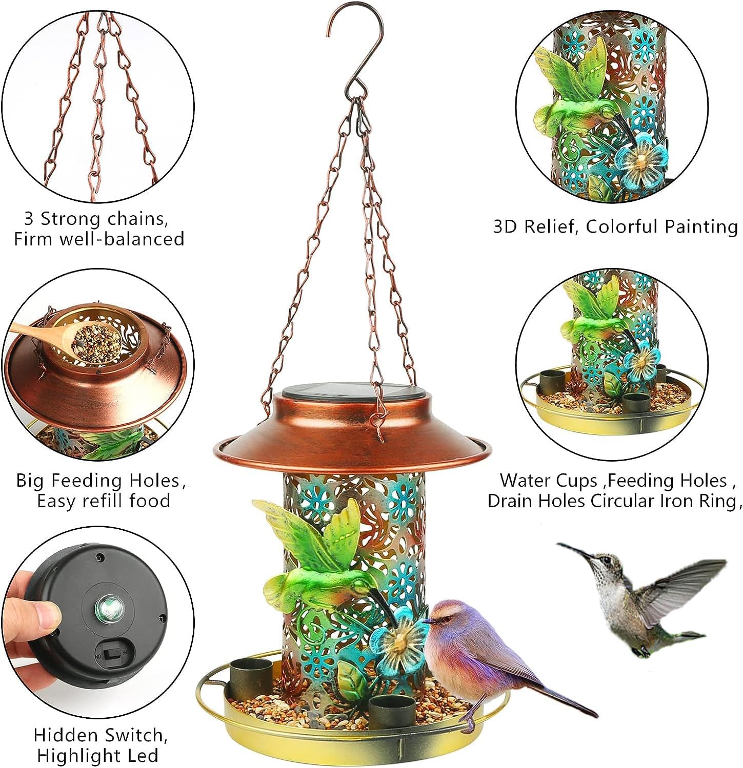 Comedero solar para pájaros para colgar al aire libre, comedero de colibríes, metal solar impermeable para exteriores, comederos cardenales, luz