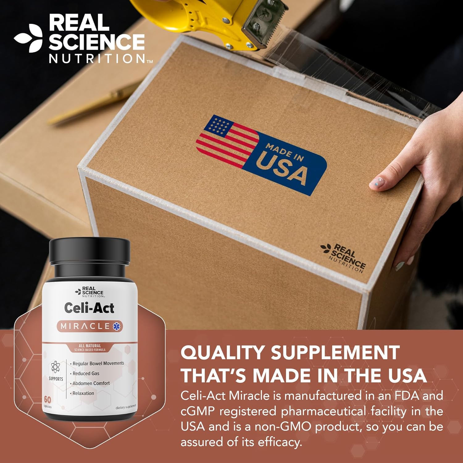 Real Science Nutrition Celi-Act Miracle es un suplemento natural para apoyar las molestias celíacas y la salud digestiva