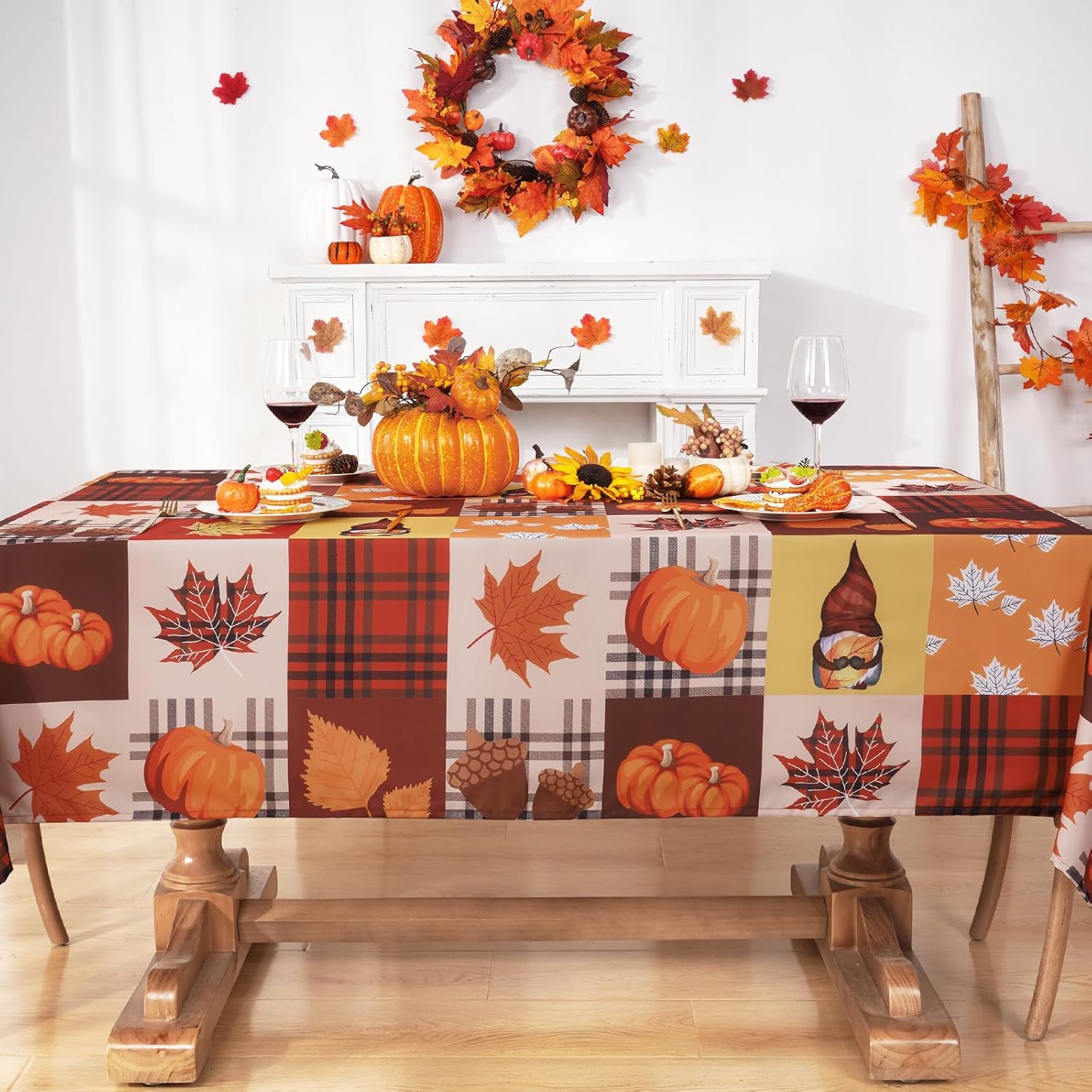 Alishomtll Decoración de otoño, mantel de otoño, mantel rectangular a cuadros de otoño, calabaza de otoño, hoja de arce, decoración de mesa festiva