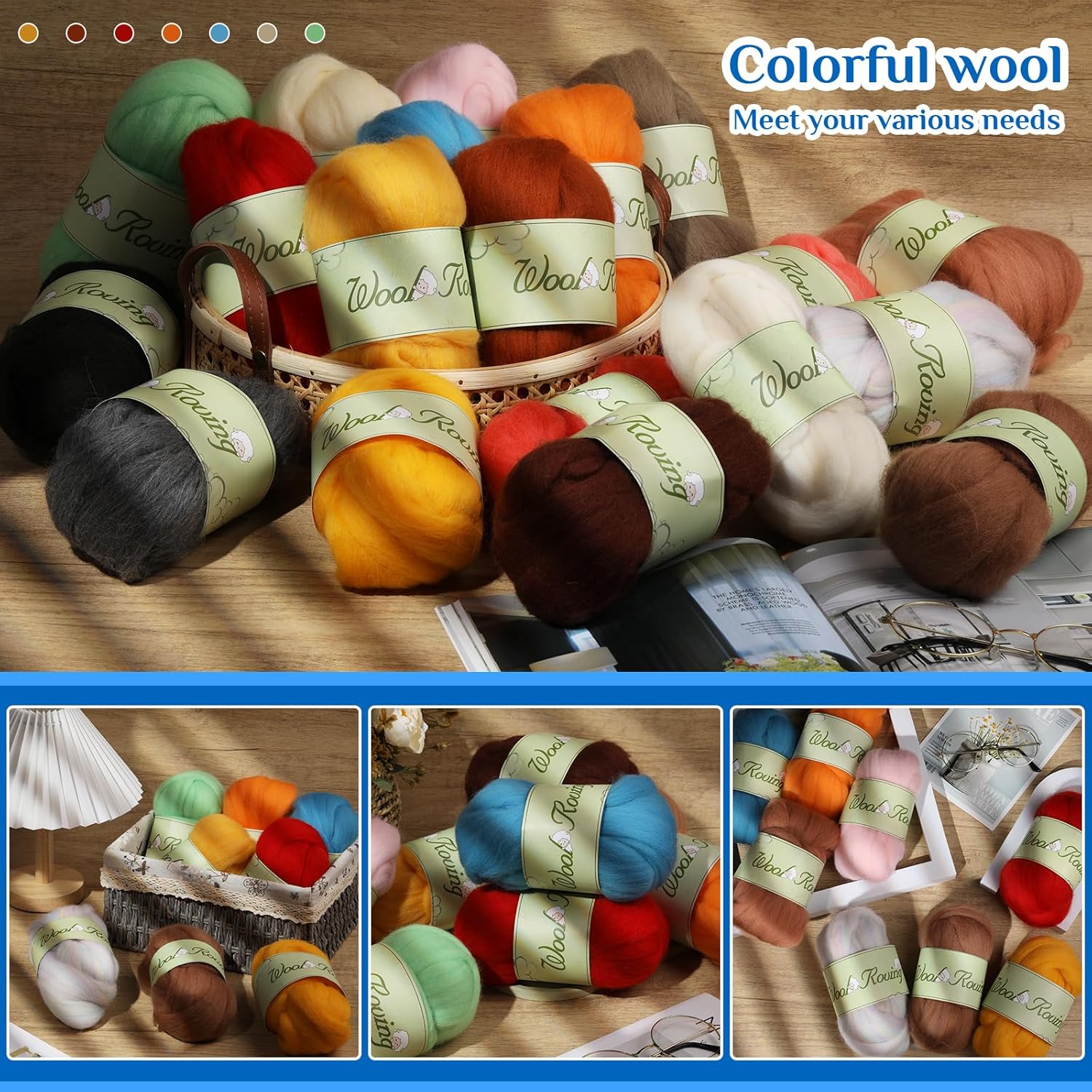 Mayboos Hilo de lana de 1.76 onzas, lana natural de color, suministros de fieltro de lana pura, lana gruesa para fieltro de aguja, fieltro húmedo,