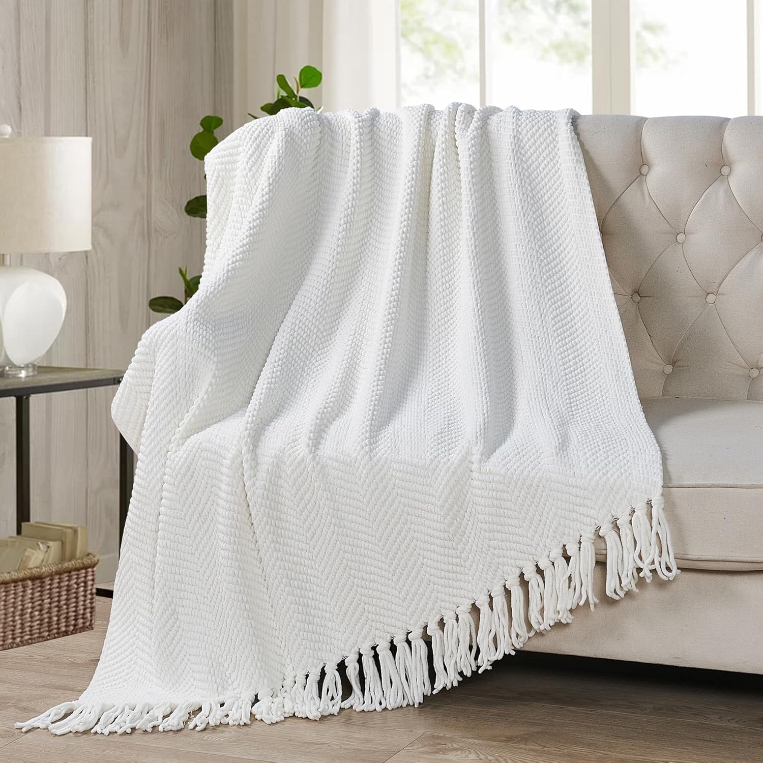 Manta de punto suave con textura para sofá, manta de tweed crema con borlas de flecos para decoración del hogar, cama, sofá, silla, 50 x 60