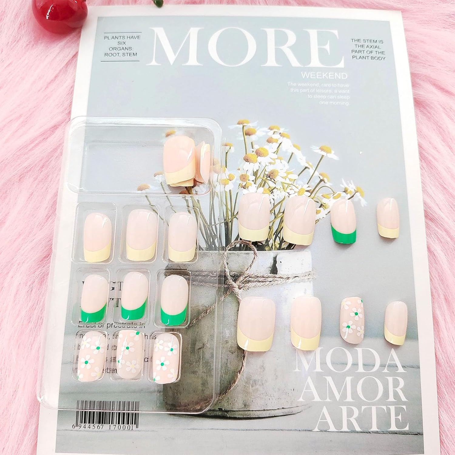 Uñas postizas cuadradas a presión, cortas, amarillas y verdes, uñas postizas acrílicas con diseños de flores blancas, uñas artificiales a presión,