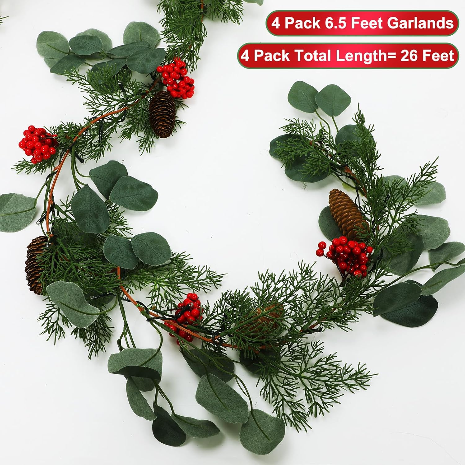 4 guirnaldas de Navidad de 6.5 pies, guirnalda colgante de ciprés de pino con bayas rojas artificiales, guirnalda de manto verde de Navidad para