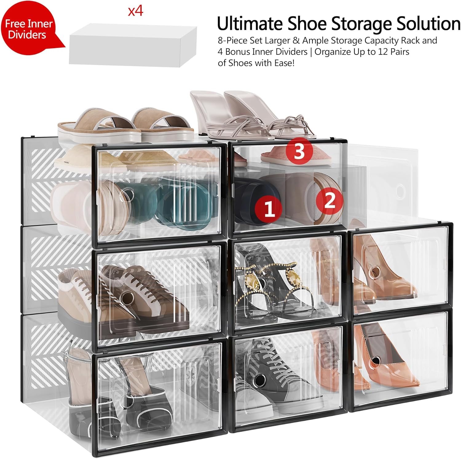 Organizador grande de zapatos, paquete de 8, tiene capacidad para hasta 12 pares de zapatero más grueso con divisores interiores extraíbles para