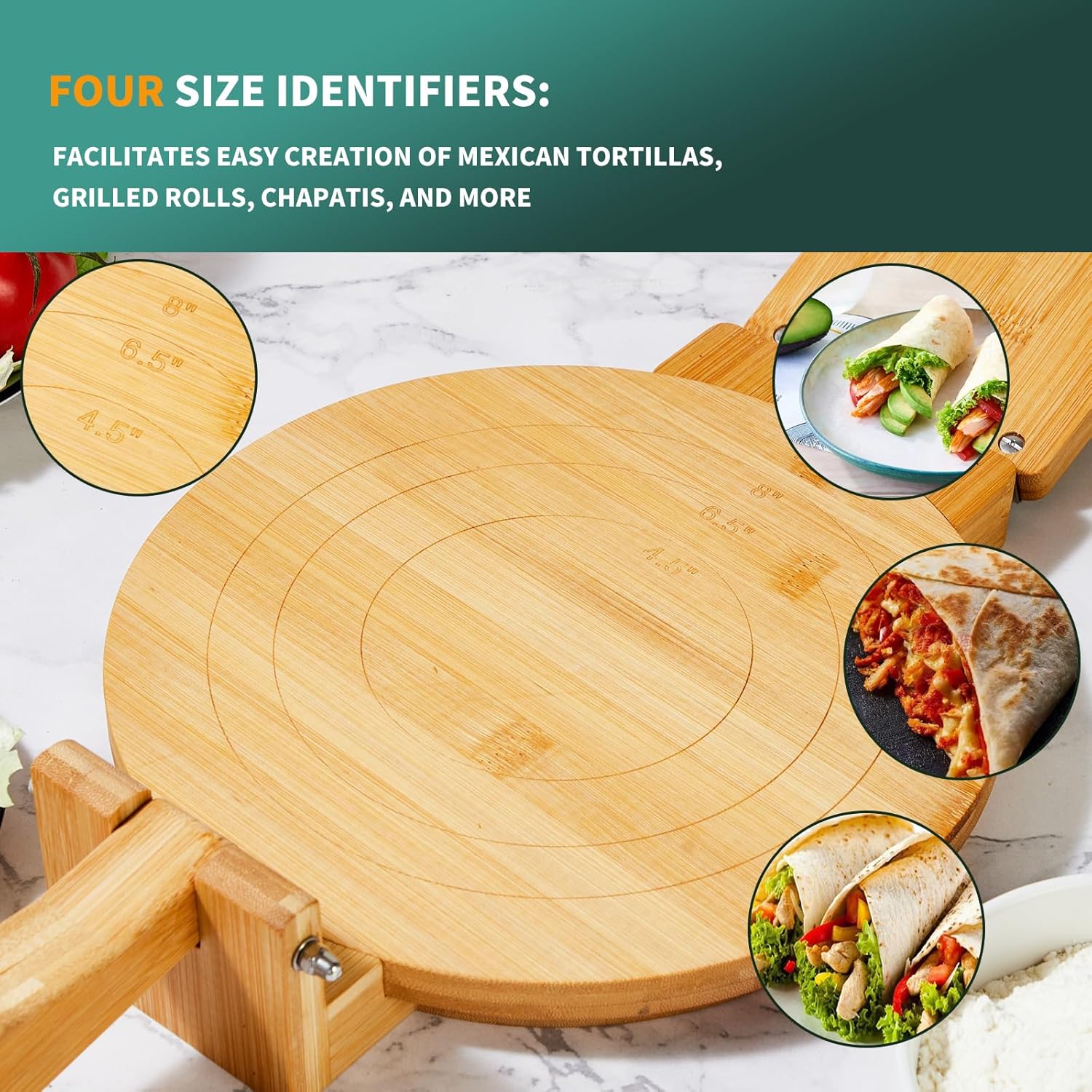 Máquina de prensa de tortillas de bambú, 10 pulgadas de diámetro, perfecta para tortillas mexicanas caseras con 50 papel pergamino incluido..