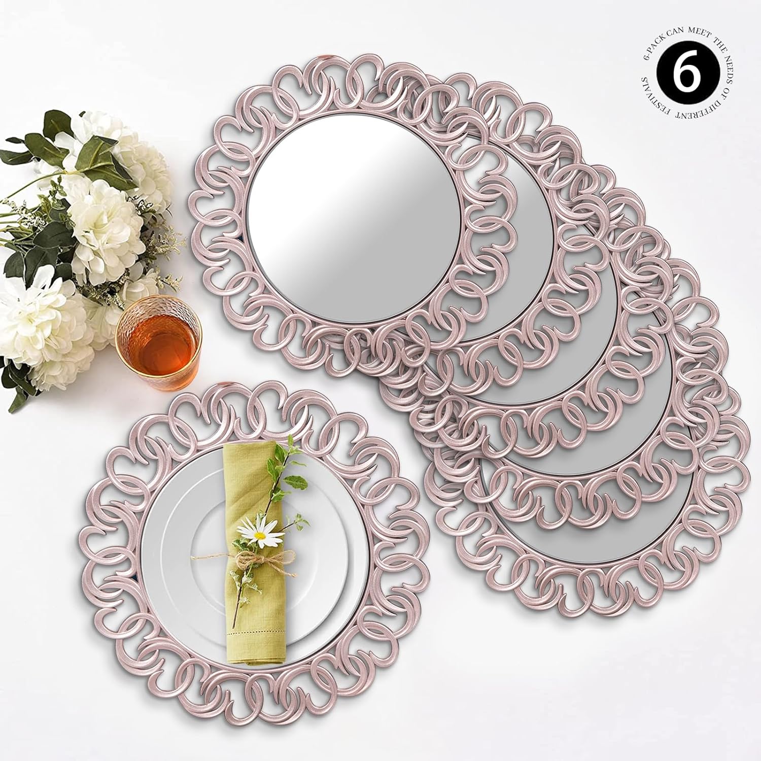 MAONAME Juego de 6 platos de carga de oro rosa de 13 pulgadas, cargadores de espejo para platos llanos, cargadores de platos de plástico con borde
