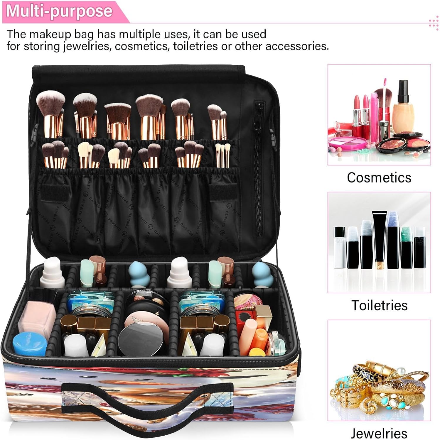 Bolsa multifuncional de maquillaje cosmético de muñeco de nieve y ciervo, bolsa de aseo de viaje para mujeres, organizador de maquillaje, cosméticos