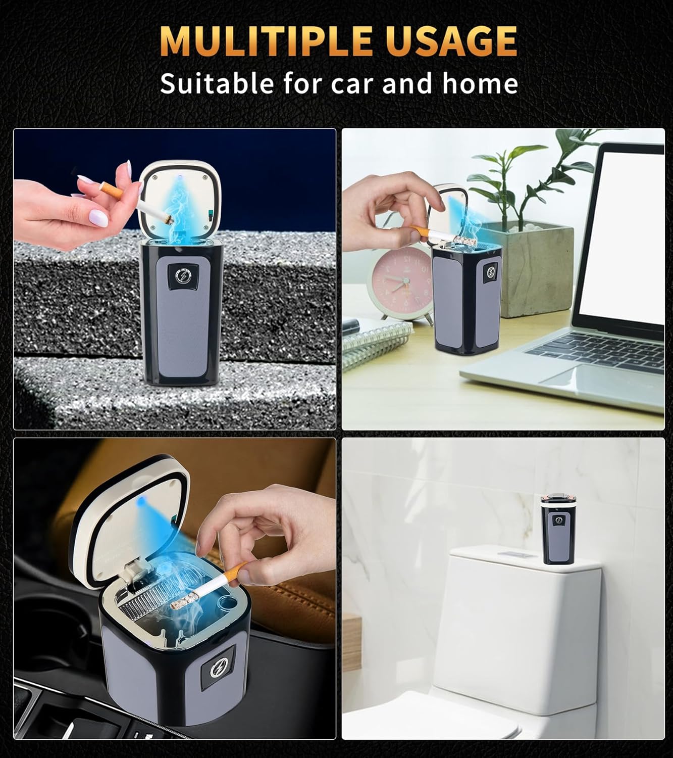 SOLARXIA Cenicero de coche, cenicero automático, encendedor de cigarrillos electrónico, alimentado por energía solar, recargable por USB, con tapa,