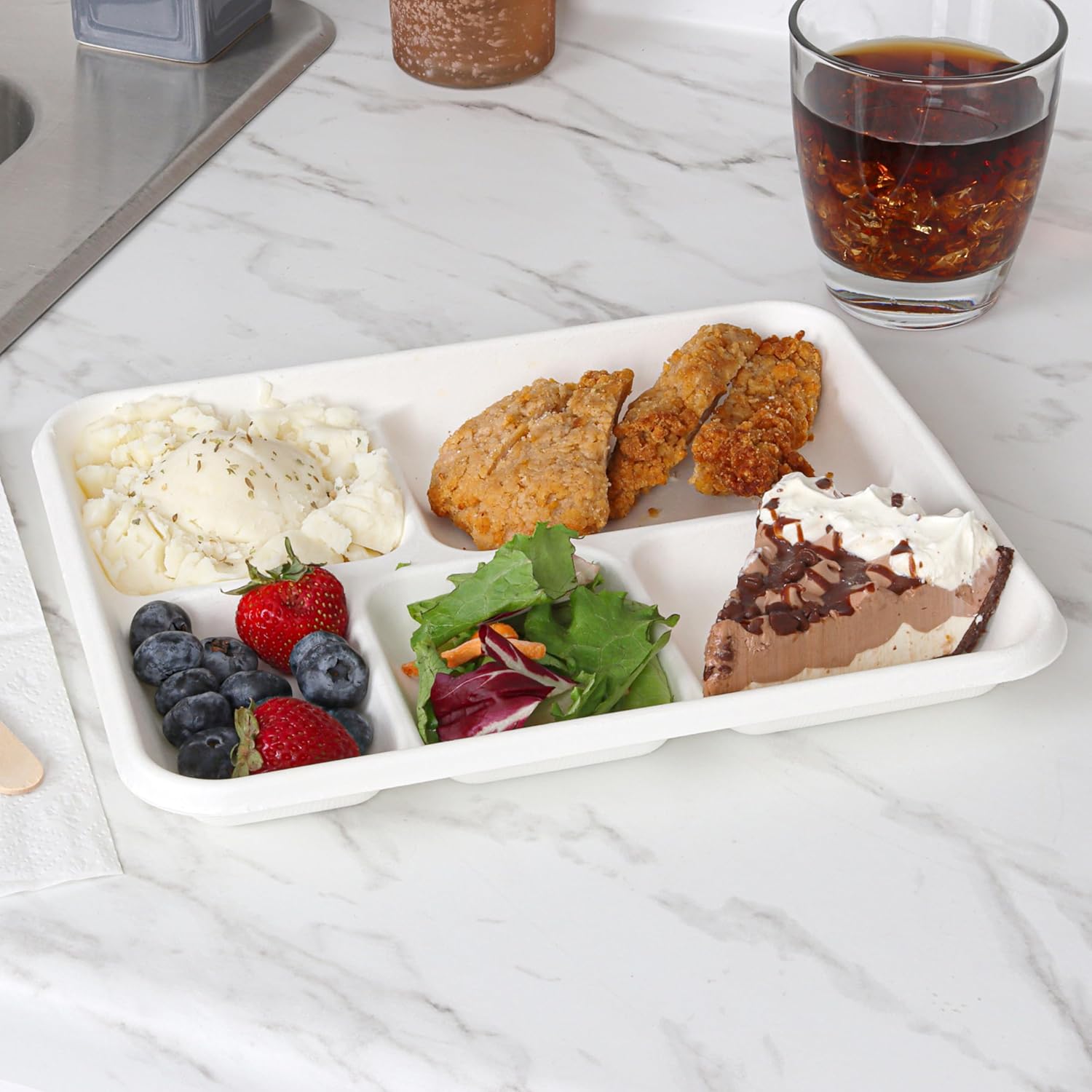 ECORIYO Platos de papel divididos  Paquete de 50 platos desechables resistentes con compartimento  Platos desechables compostables de caña de azúcar