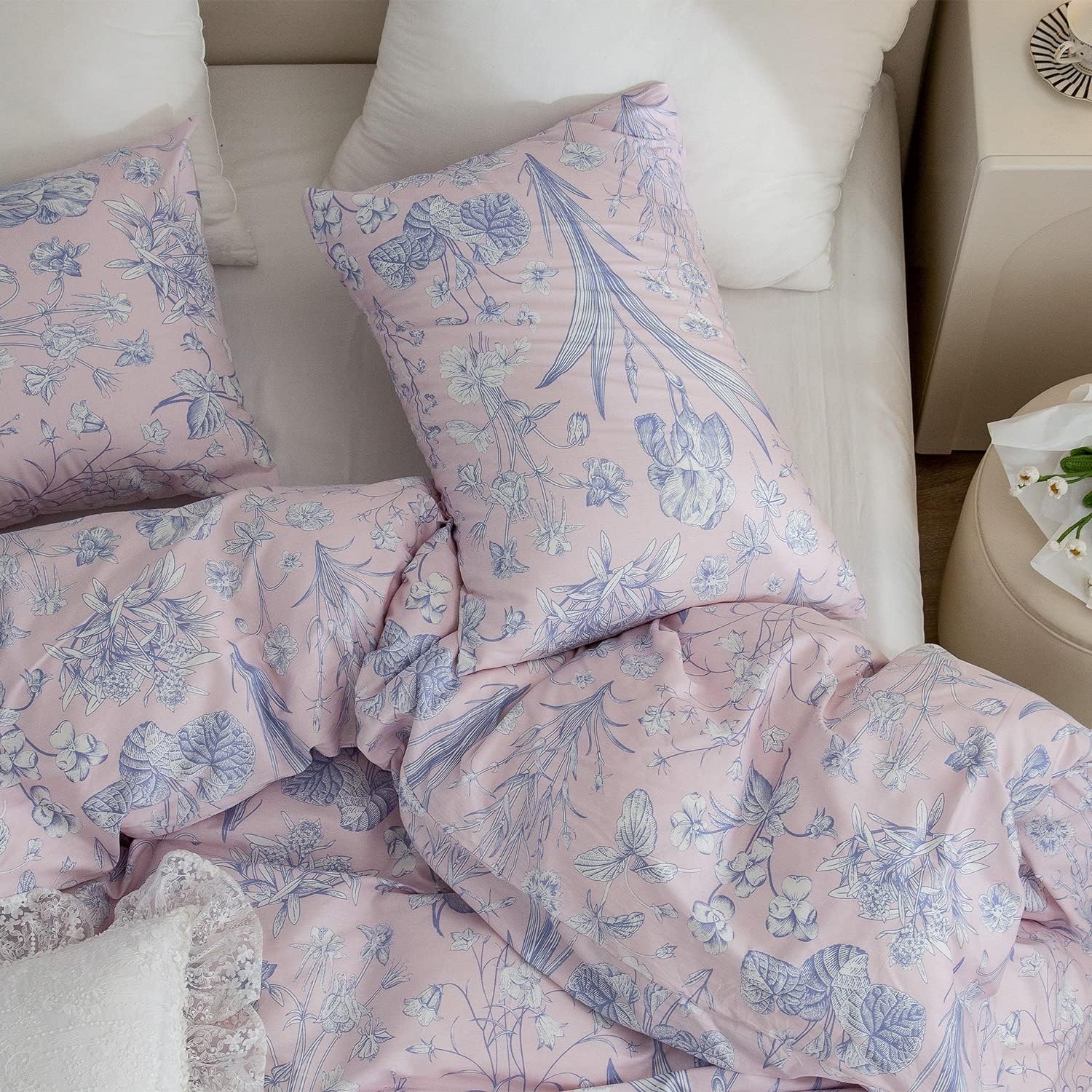 Funda de edredón, 100 % algodón, juego de ropa de cama de 3 piezas con diseño floral en rosa para niñas, estampado elegante estilo jardín con ramas