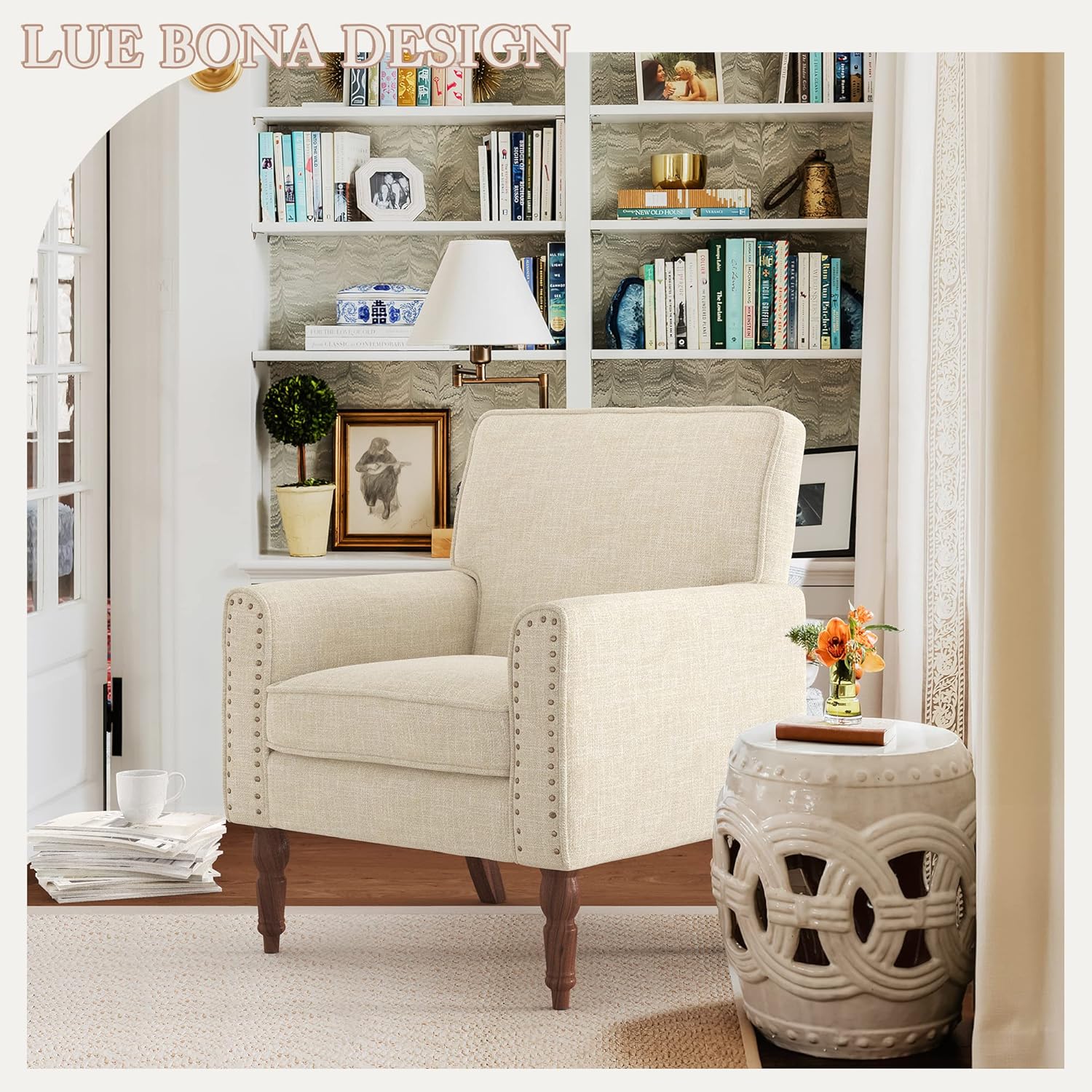 LUE BONA Sillas decorativas de tela de lino, sillas tapizadas beige para sala de estar con ribete de cabeza de clavo, acogedora silla con brazo para