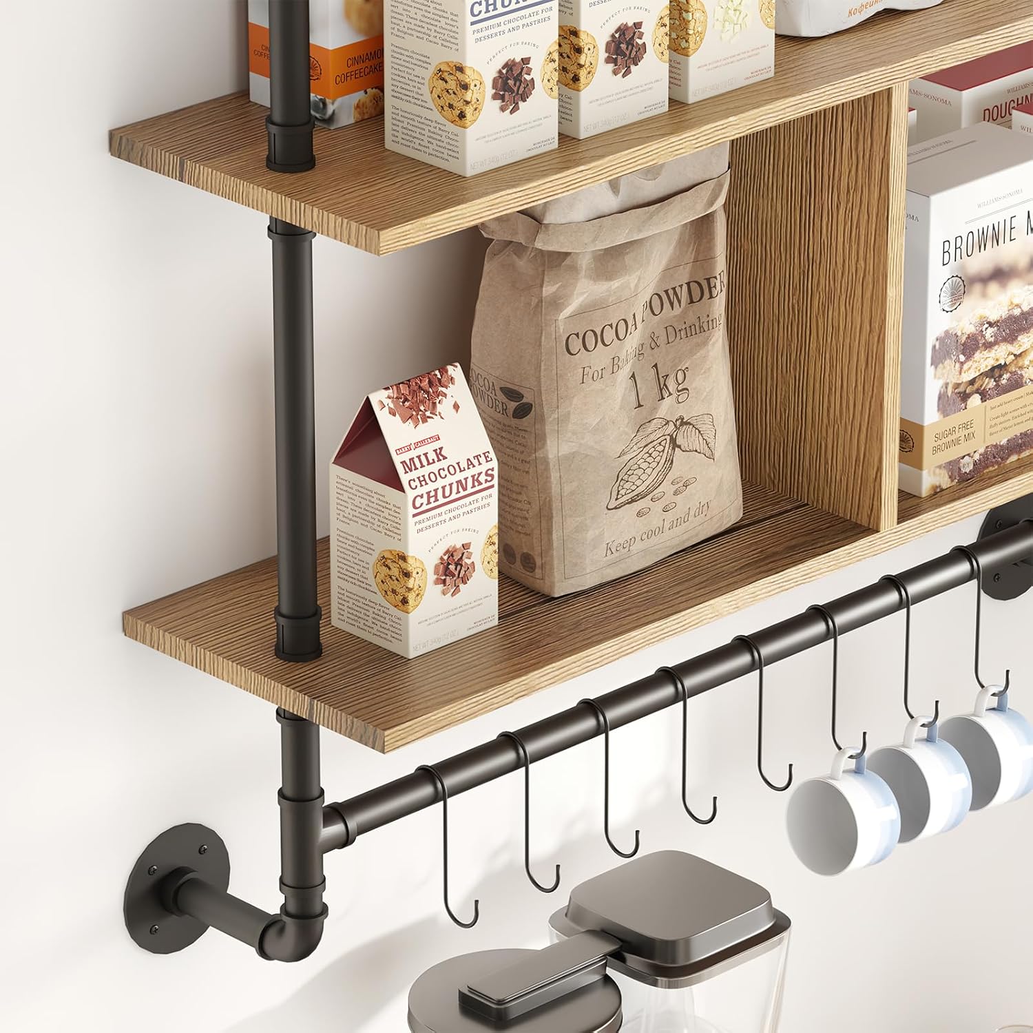MAIKAILUN Estantes flotantes de tubería, estante de barra de café con 9 ganchos ajustables para tazas, utensilios de cocina o toallas para cocina,