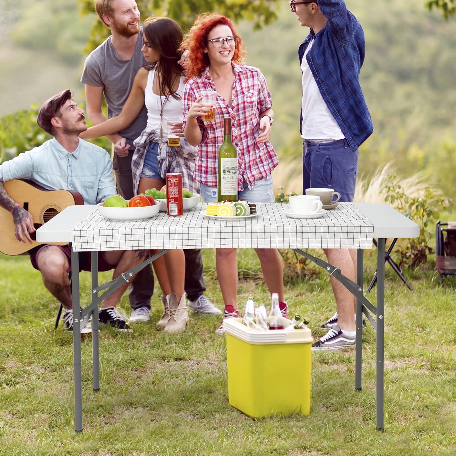 SUPER DEAL Mesa plegable portátil de plástico de 4 pies, para interiores y exteriores, resistente, plegable, por la mitad, para picnic, fiesta,