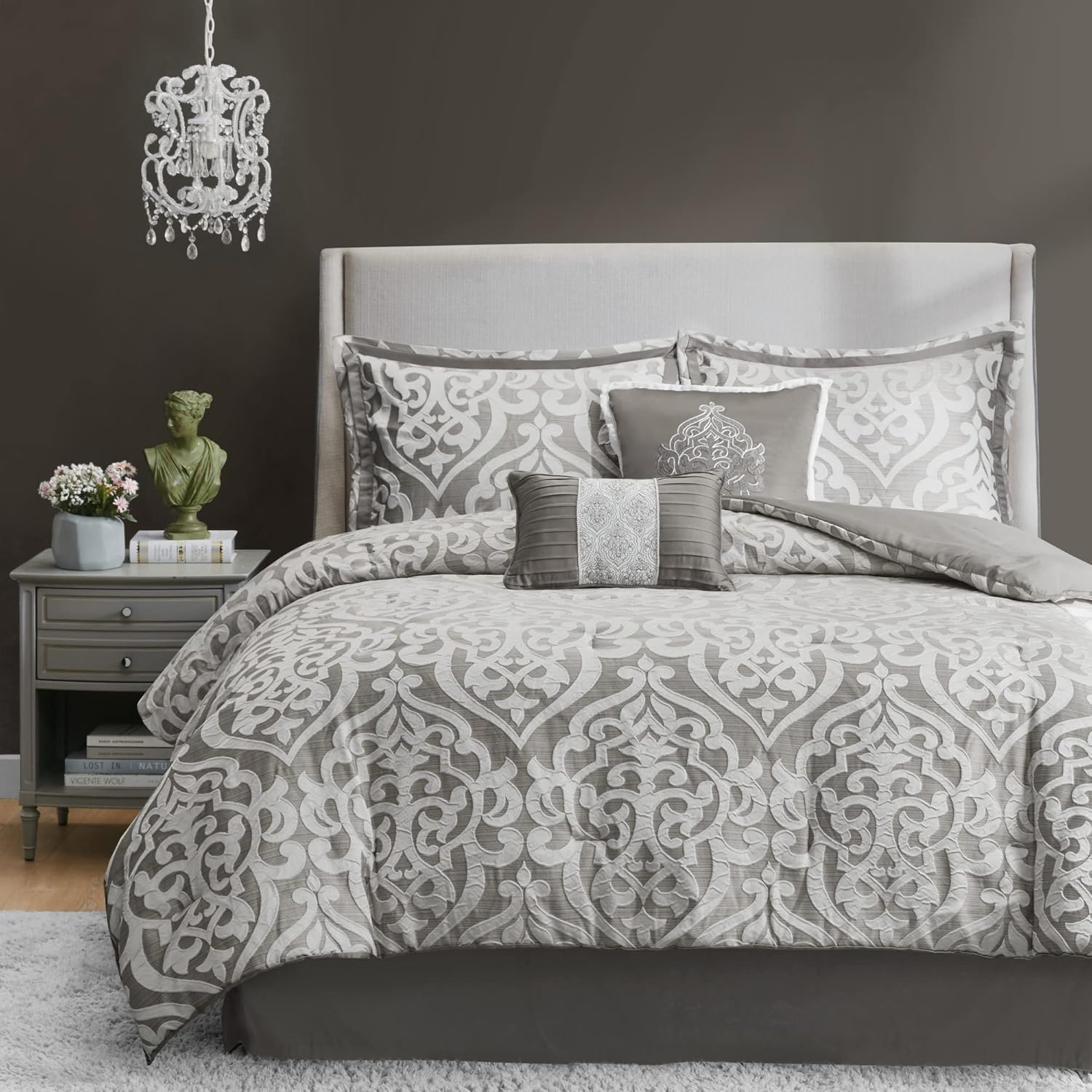 Madison Park Tesla – Juego de edredón acogedor jacquard con diseño de medallón de damasco, ropa de cama alternativa para todas las estaciones,