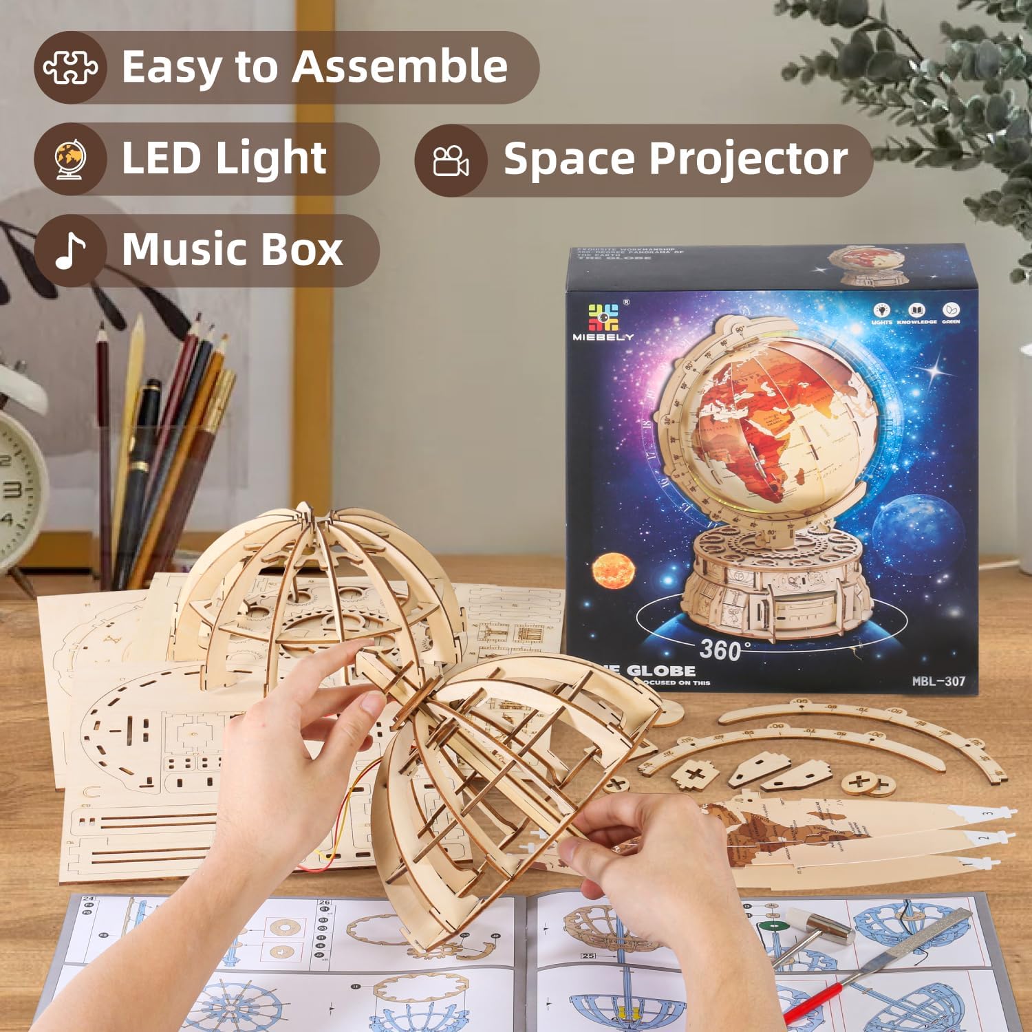 MIEBELY Rompecabezas de madera 3D para adultos con carga USB, caja de música con globo iluminado, kit de construcción de modelos de madera LED con