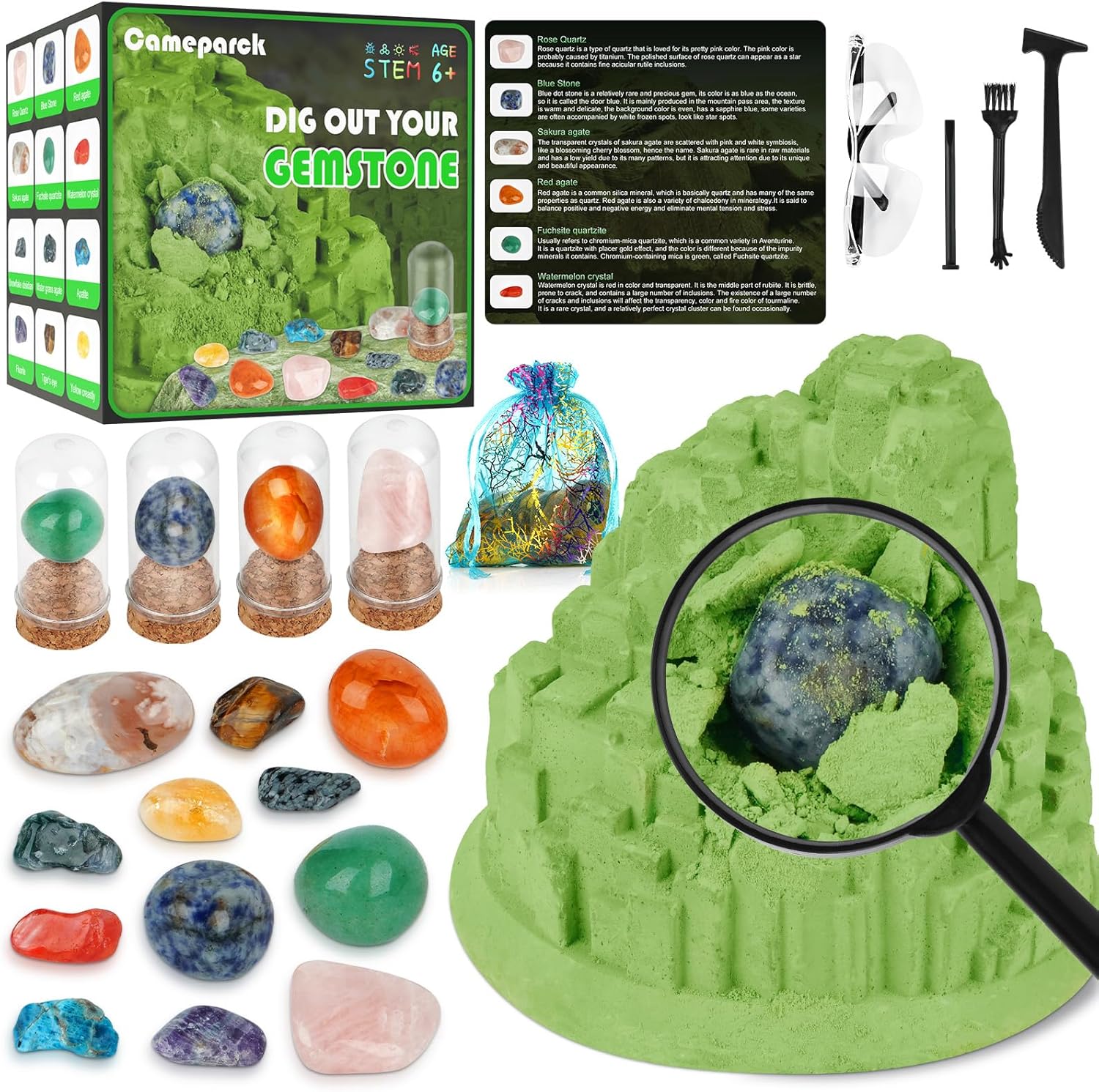 Kit de excavación de piedras preciosas (forma única), gran kit de ciencia STEM para niños, excava tus propias 12 piedras preciosas reales, juguetes