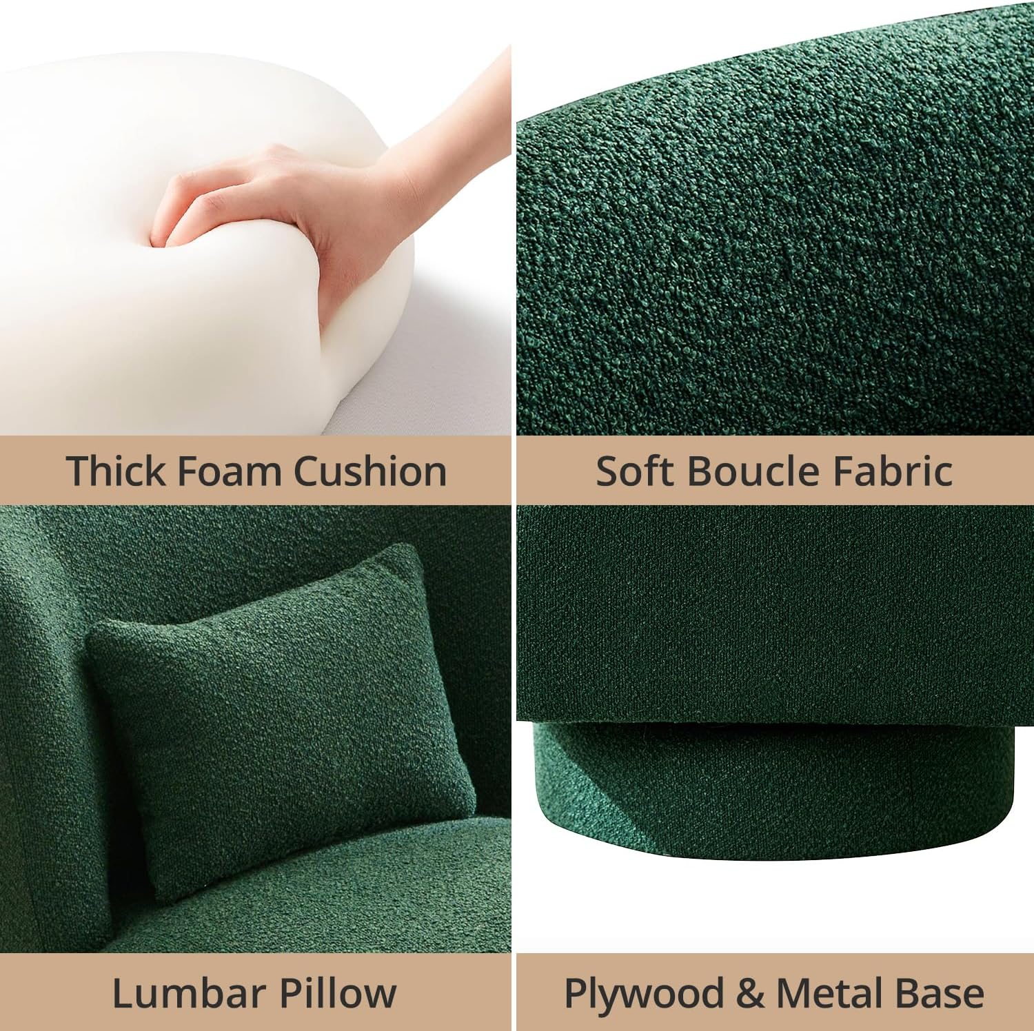 LLS Sofá giratorio con almohada lumbar, base de metal de 360, tapizado moderno, barril, sherpa, sofá individual cómodo sin brazos para sala de