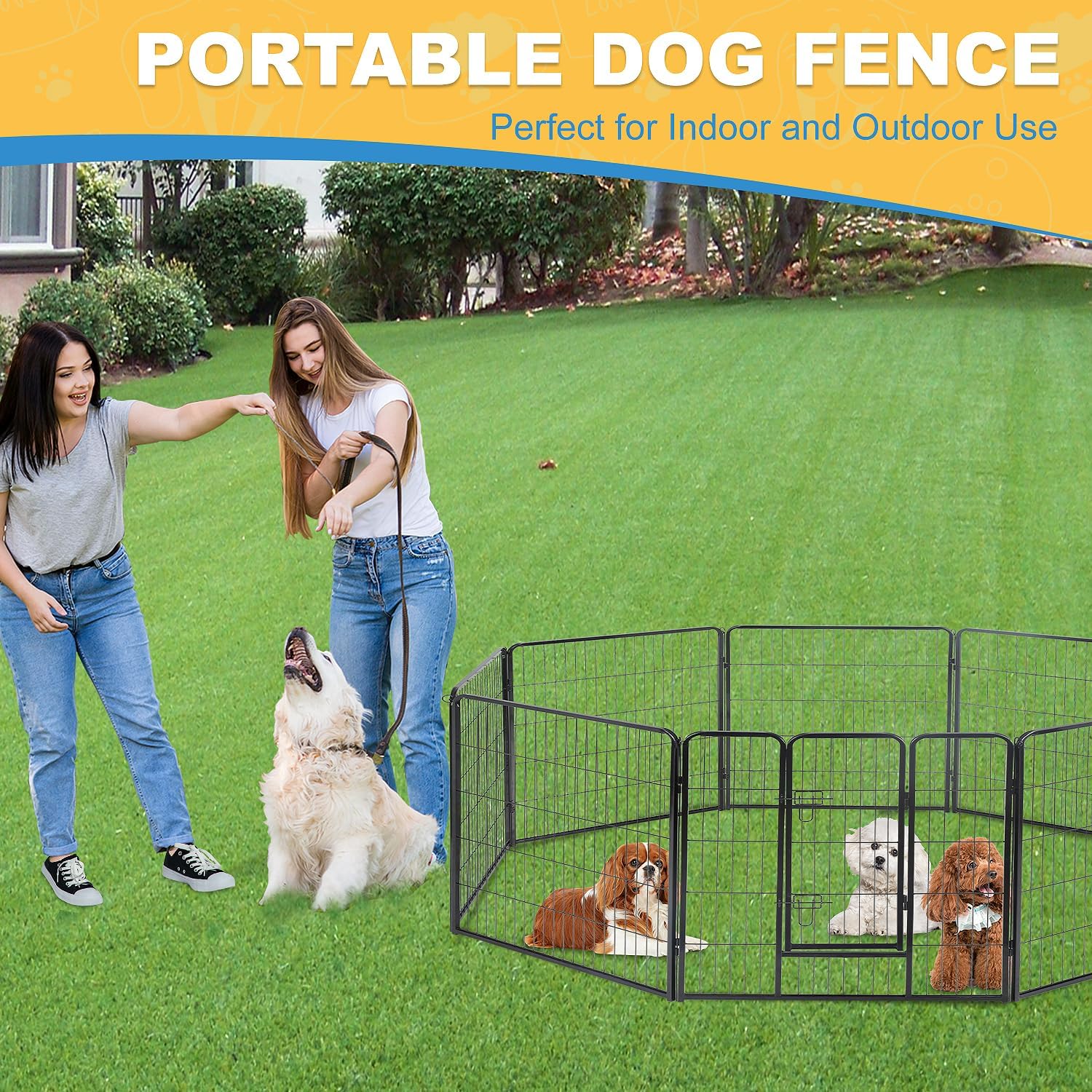 Corralito para perros para interiores, corralito de juego para cachorros para interiores y exteriores, valla de metal de 8 paneles con puertas,