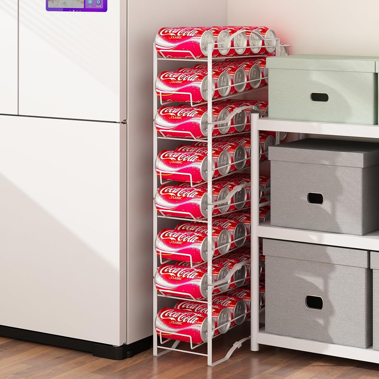 Paquete de 4 organizadores de latas de soda para despensa, soporte dispensador apilable de almacenamiento de latas de refrescos para refrigerador,