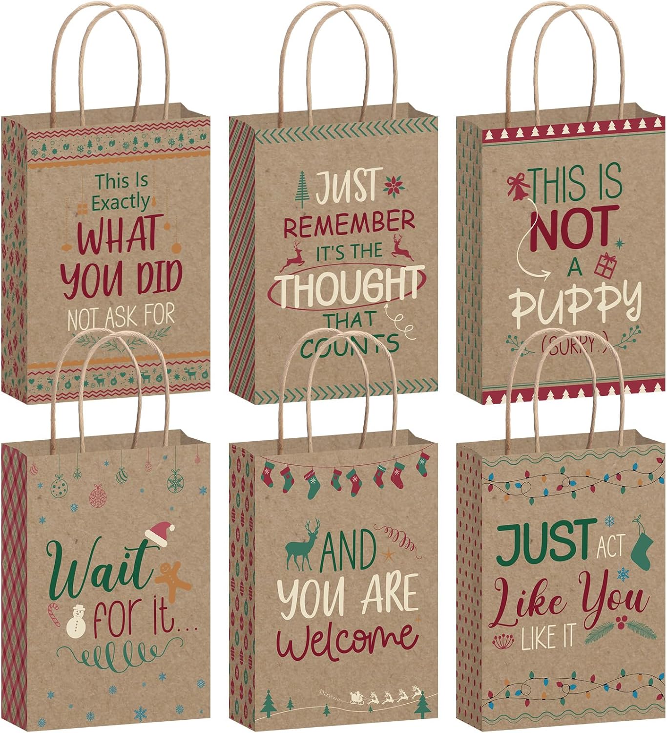 Tenceur 24 bolsas de regalo de Navidad con texto divertido a granel, bolsas de papel para fiestas de Navidad con asas, bolsa de regalo de papel