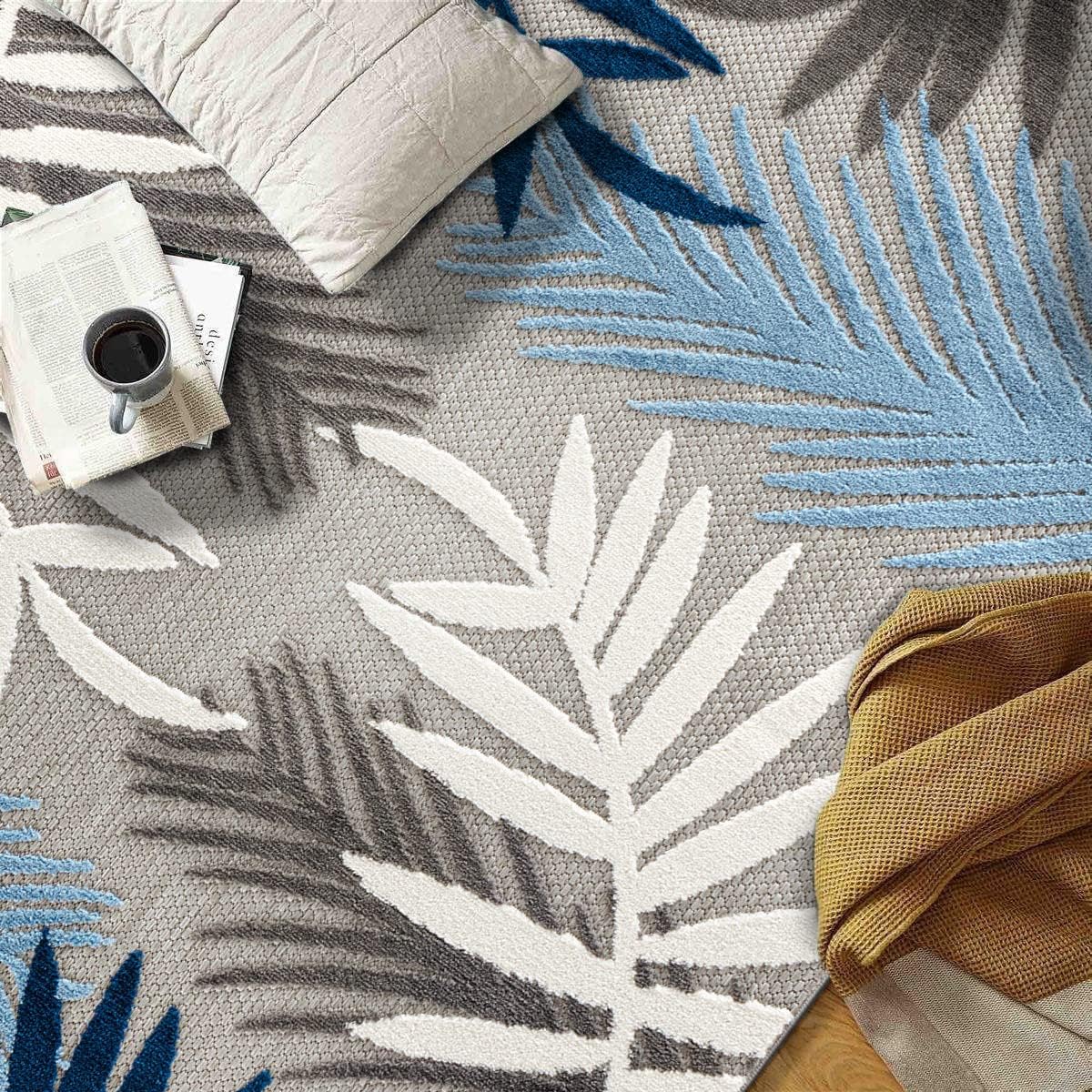 Rugshop Evora Palm Frond – Alfombra de área para patio, interior y exterior, no desprende pelusa, 5 x 7 pies, color azul