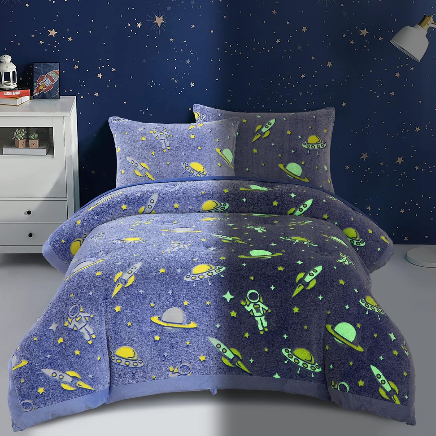 HOMBYS Juego de edredón que brilla en la oscuridad de 5 piezas individualindividual XL con sábanas, juegos de edredón de terciopelo de astronautas