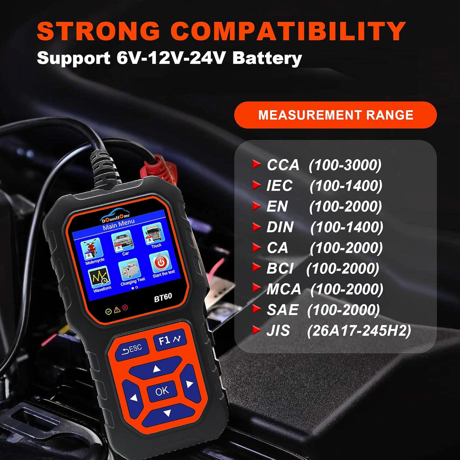 DonosHome Probador de batería 5-36V 100-3000 CCA Probador de batería de coche Probador de batería de coche AGM de gel de litio para alternador de