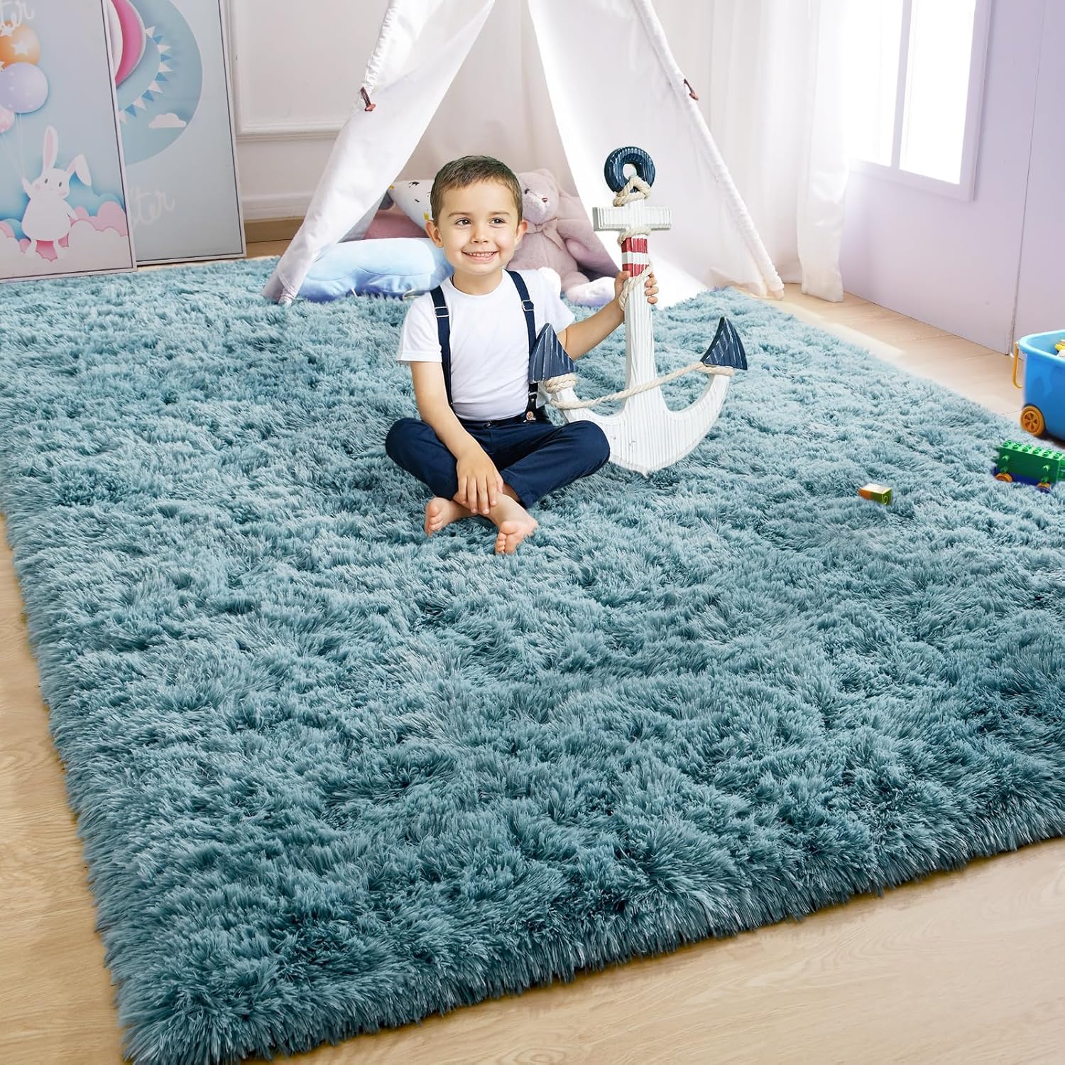 YJ.GWL Alfombras suaves y esponjosas para dormitorio, sala de estar, 5 x 8 pies, alfombra de pelo largo verde turquesa, alfombra de felpa para
