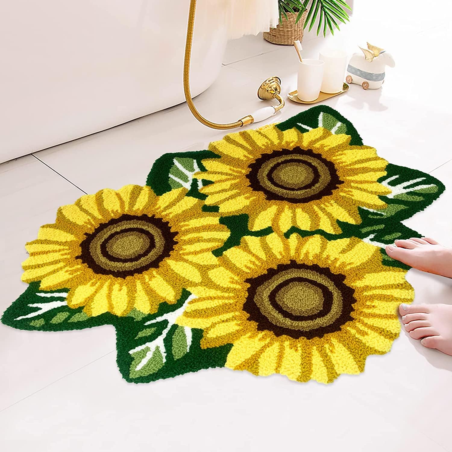 ABREEZE Alfombra de algodón tejida a mano con forma de girasol, alfombra lavable de baño, alfombra de interior para porche delantero, granja,