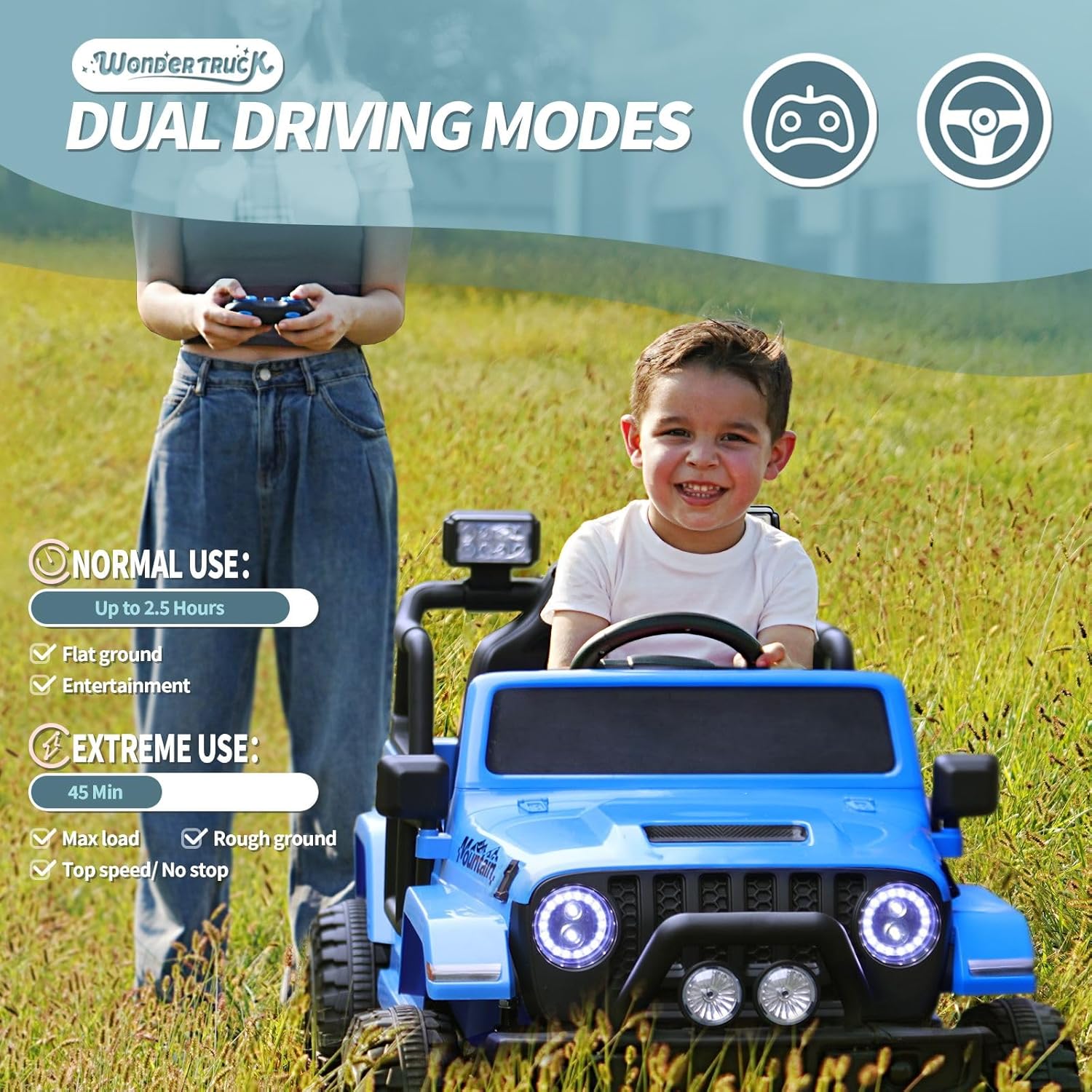 Joywhale Vehículo eléctrico motorizado para niños de 12 V, con control remoto, suspensión de 4 ruedas, luces LED, música y FM, cinturón de