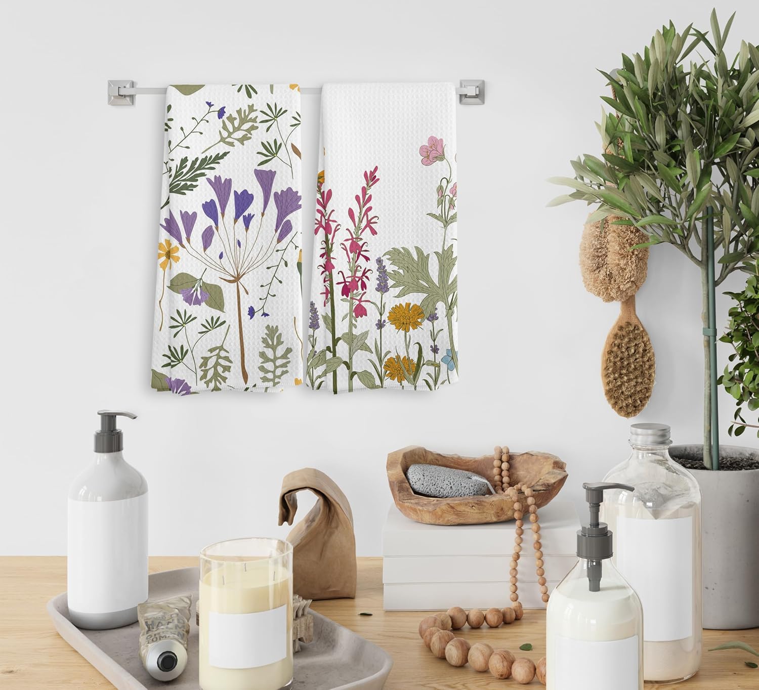 Juego de 2 paños de cocina y paños de cocina con diseño floral de jardín botánico de acuarela, toallas de mano absorbentes de flores de primavera y