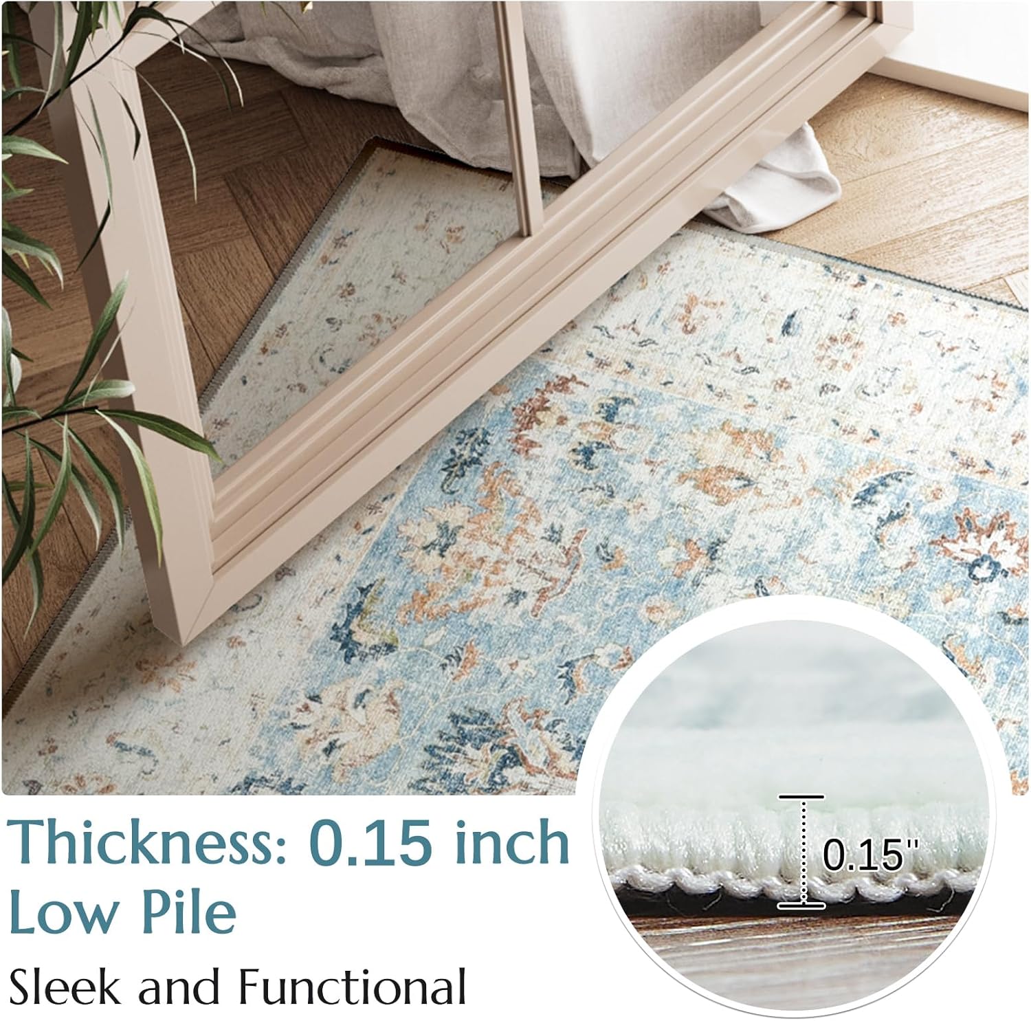 jinchan Alfombra de área lavable de 5 x 7 pies, diseño floral bohemio vintage de pelo bajo, delgada, antideslizante, no desprende pelo, para cocina,