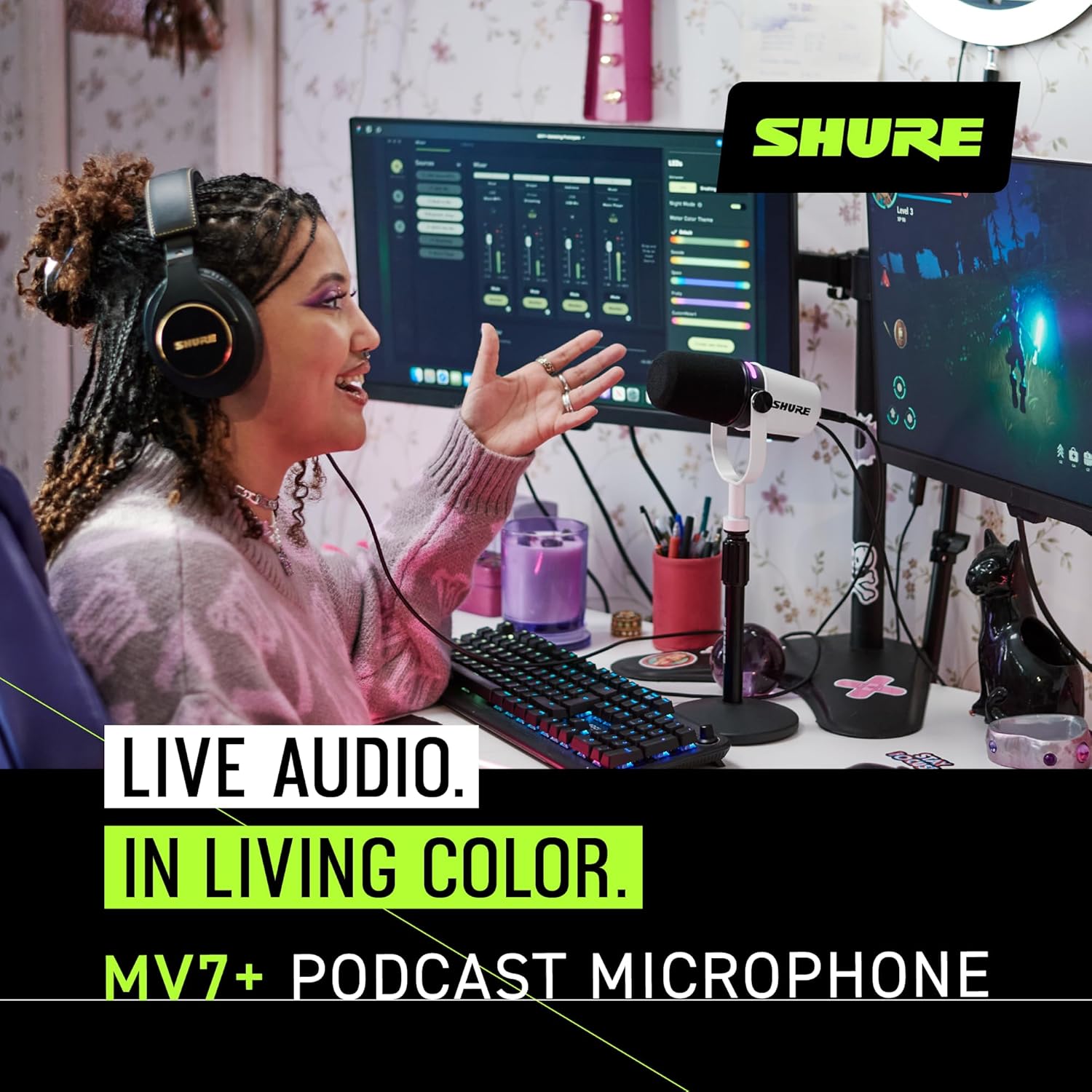 Shure Micrófono de podcast MV7+. Audio mejorado, panel táctil LED, salidas USB-C y XLR, modo de nivel automático, filtro pop digital, efectos de