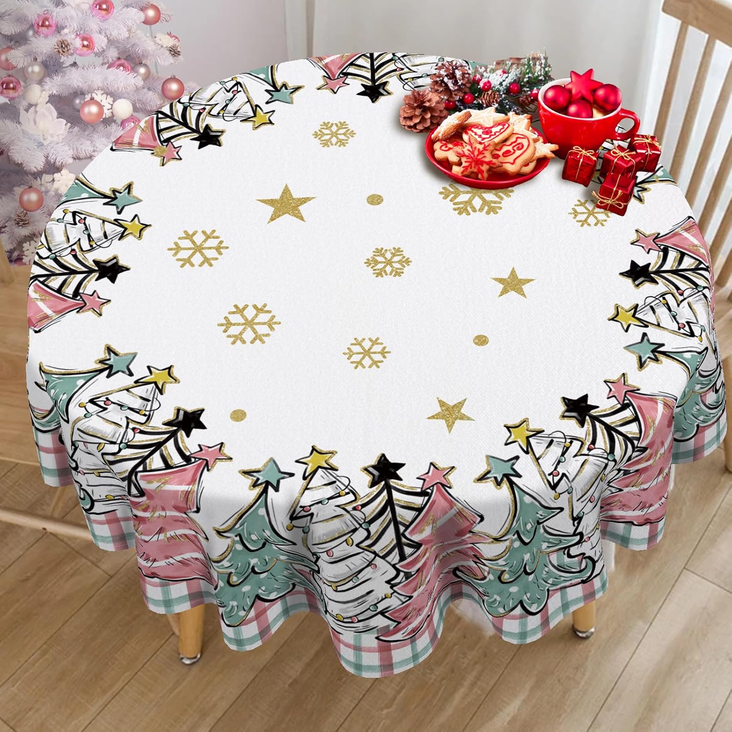 Mantel redondo de árboles de Navidad de 60 x 60 pulgadas, diseño de copos de nieve de Navidad rosados, a cuadros, mantel decorativo para mesa de