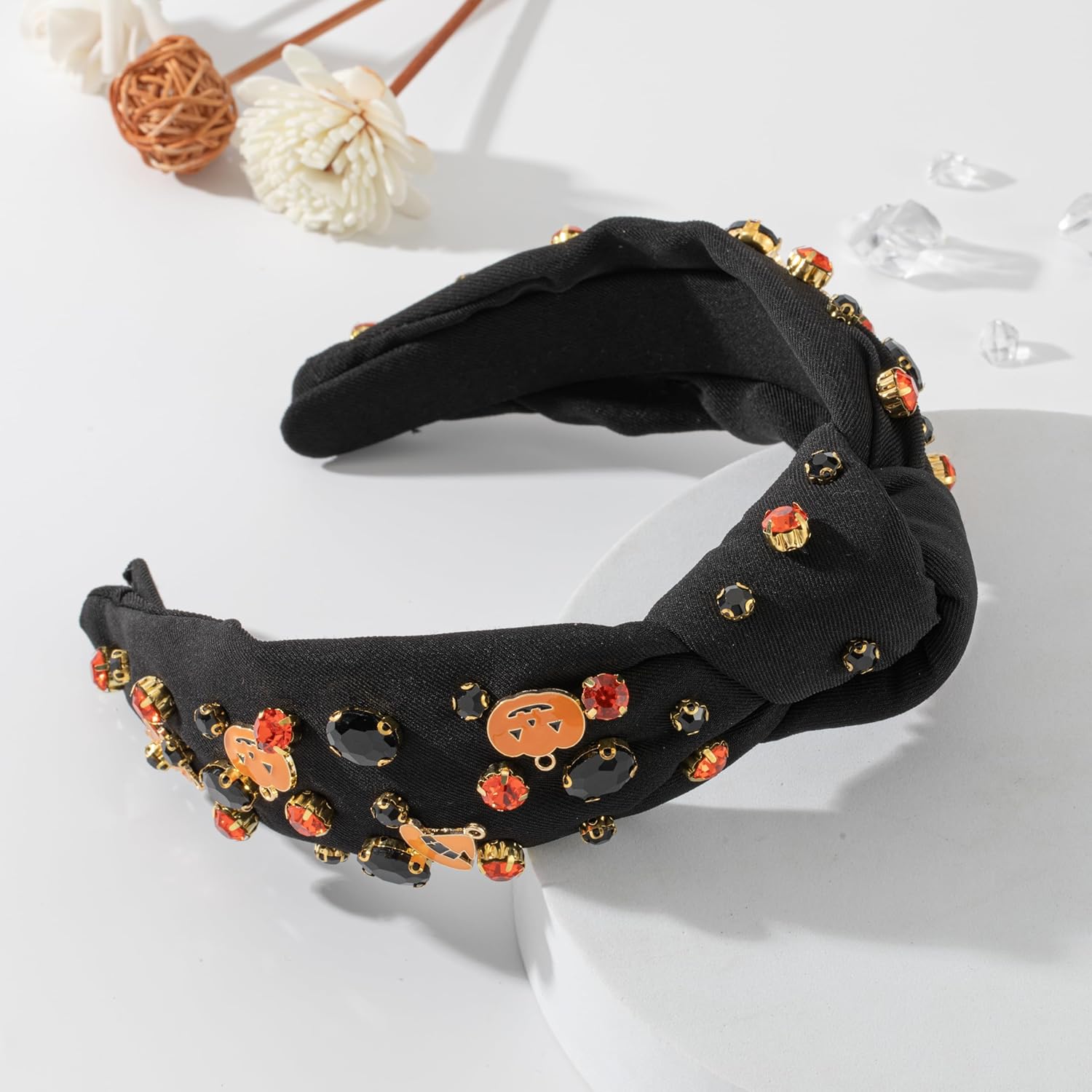 Diadema anudada con diamantes de imitación de Halloween para mujer, sombrero de calabaza de Halloween, adornado con parte superior mixta, banda
