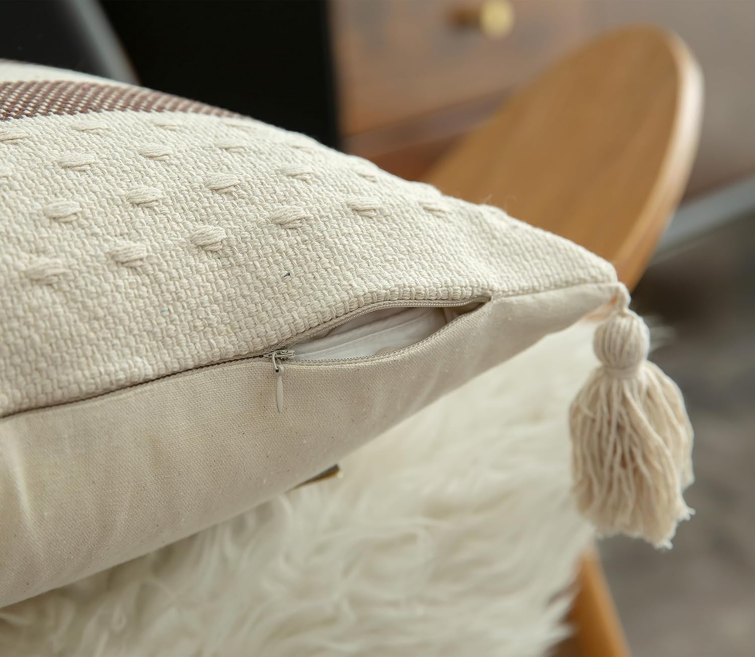 Juego de 1 funda de almohada bohemia de 20 x 20 pulgadas, fundas de almohada neutras con borlas para sofá, sala de estar y sala de estar al aire